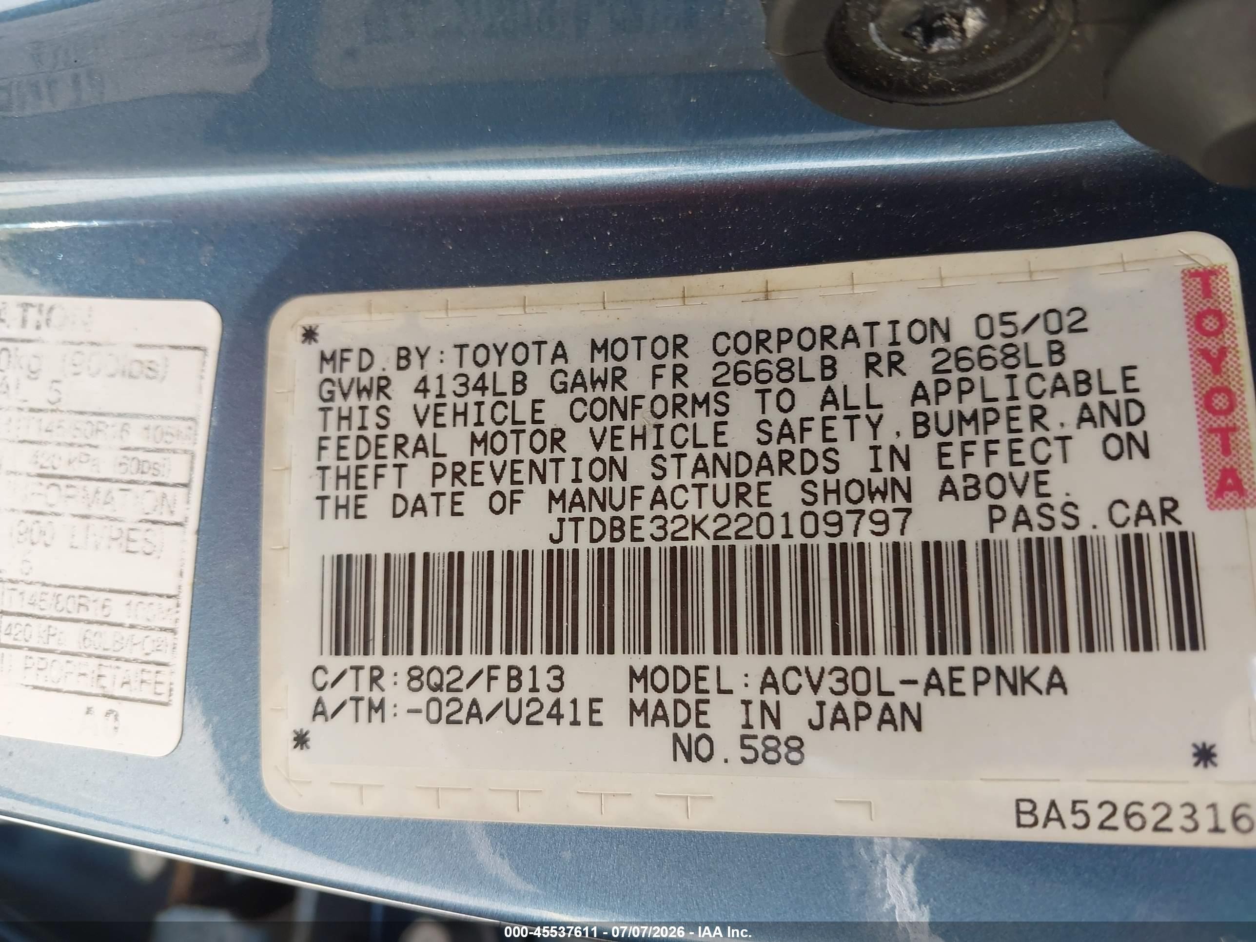 2002 Toyota Camry Le Blue vin: JTDBE32K220109797