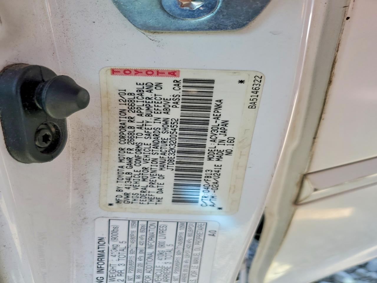2002 Toyota Camry Le White vin: JTDBE32K320054552