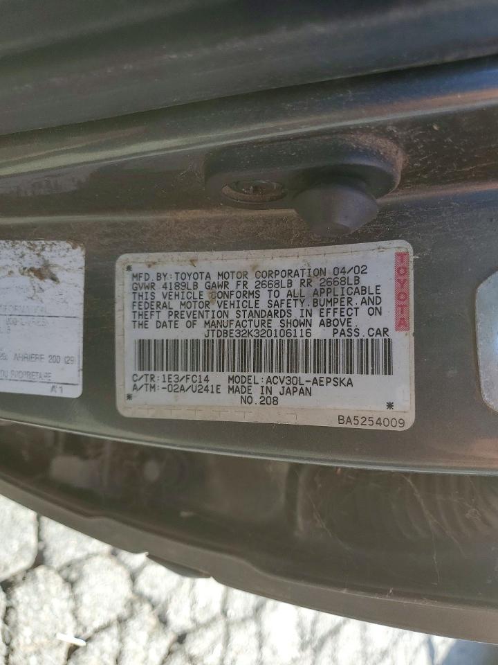 2002 Toyota Camry Gray vin: JTDBE32K320106116