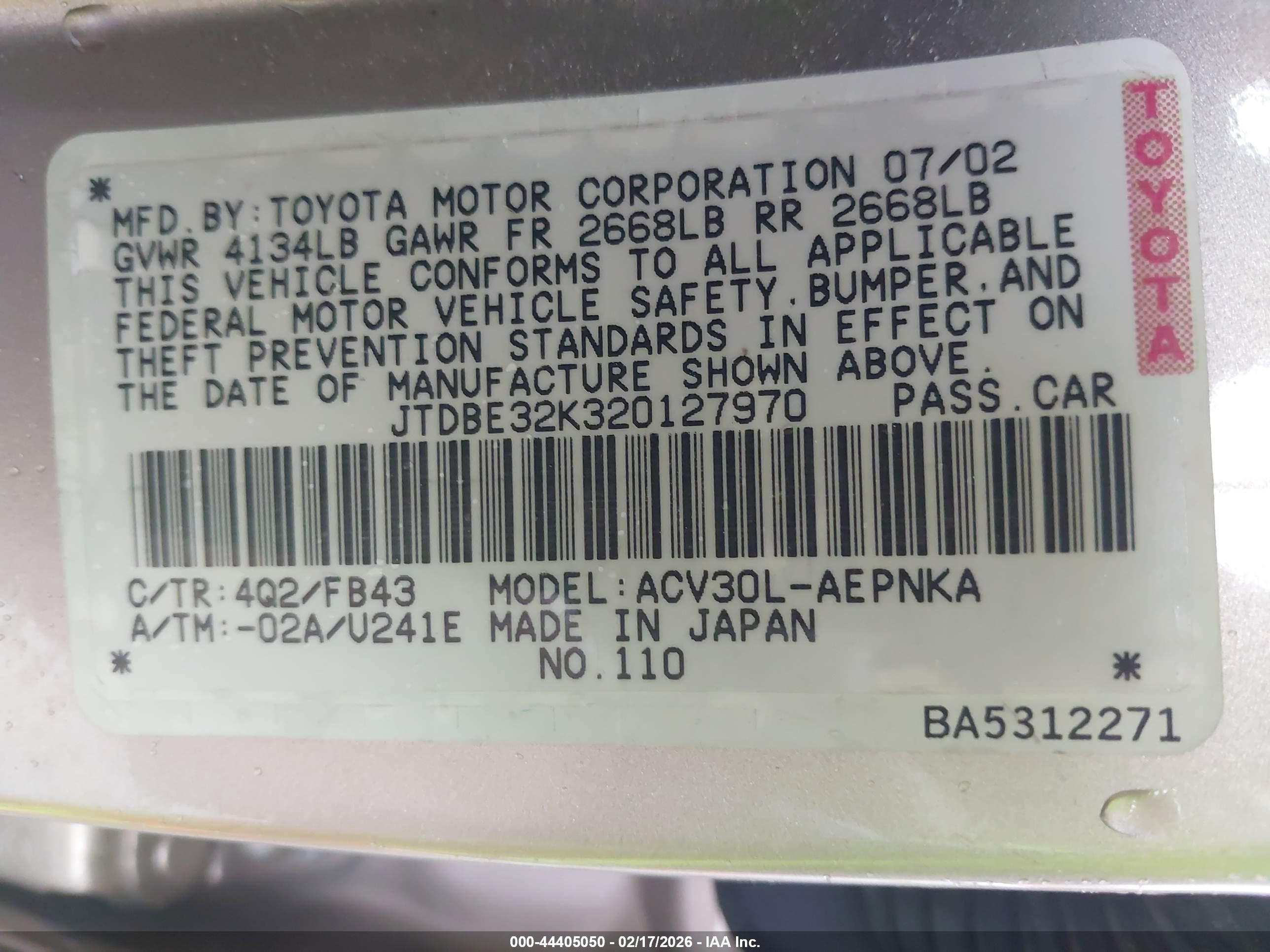 2002 Toyota Camry Le Beige vin: JTDBE32K320127970