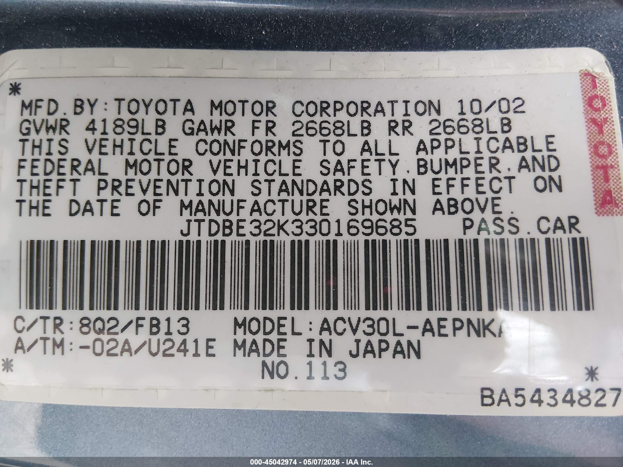 2003 Toyota Camry Le Light Blue vin: JTDBE32K330169685
