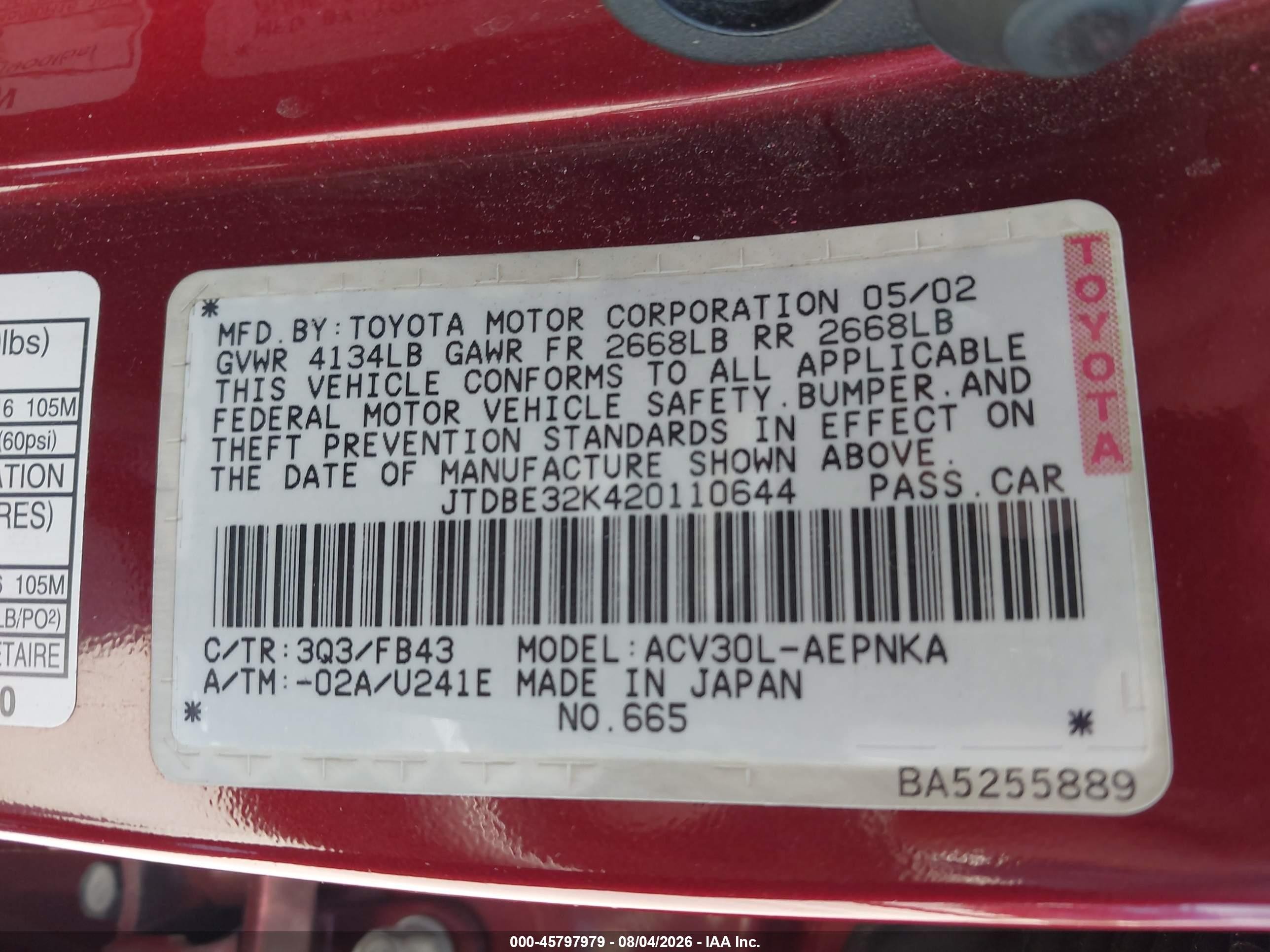 2002 Toyota Camry Le Burgundy vin: JTDBE32K420110644