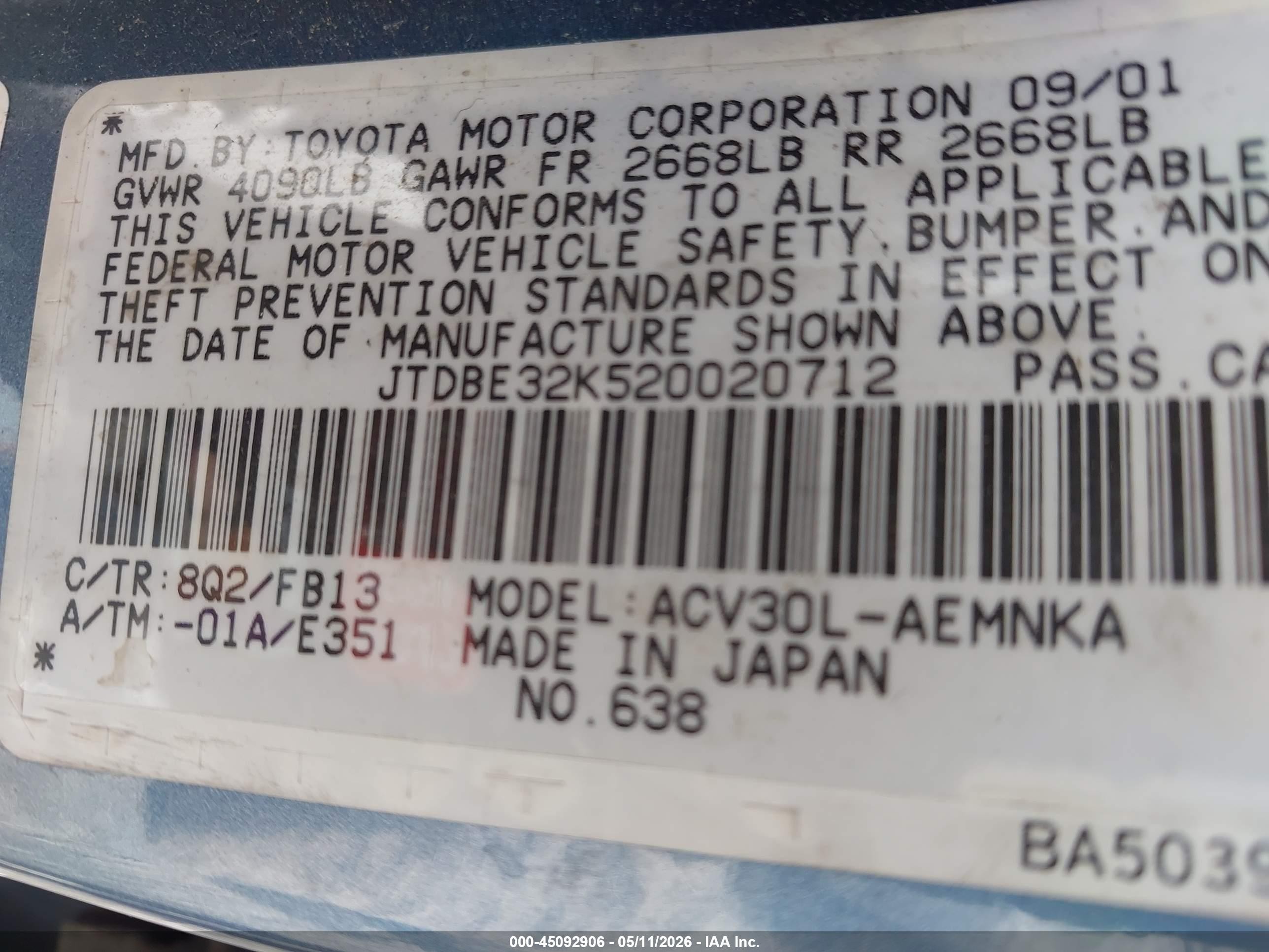 2002 Toyota Camry Le Blue vin: JTDBE32K520020712
