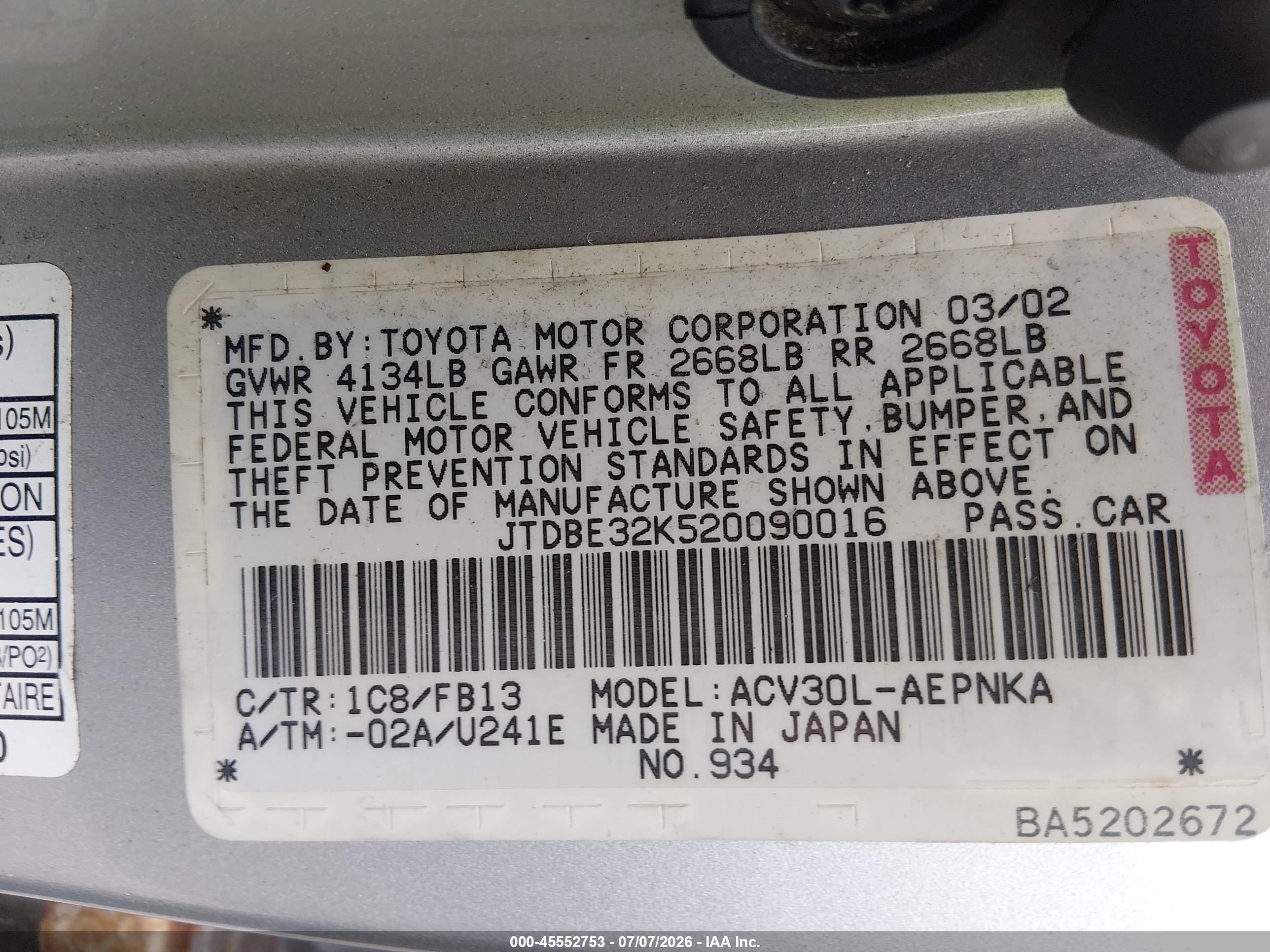 2002 Toyota Camry Le Silver vin: JTDBE32K520090016