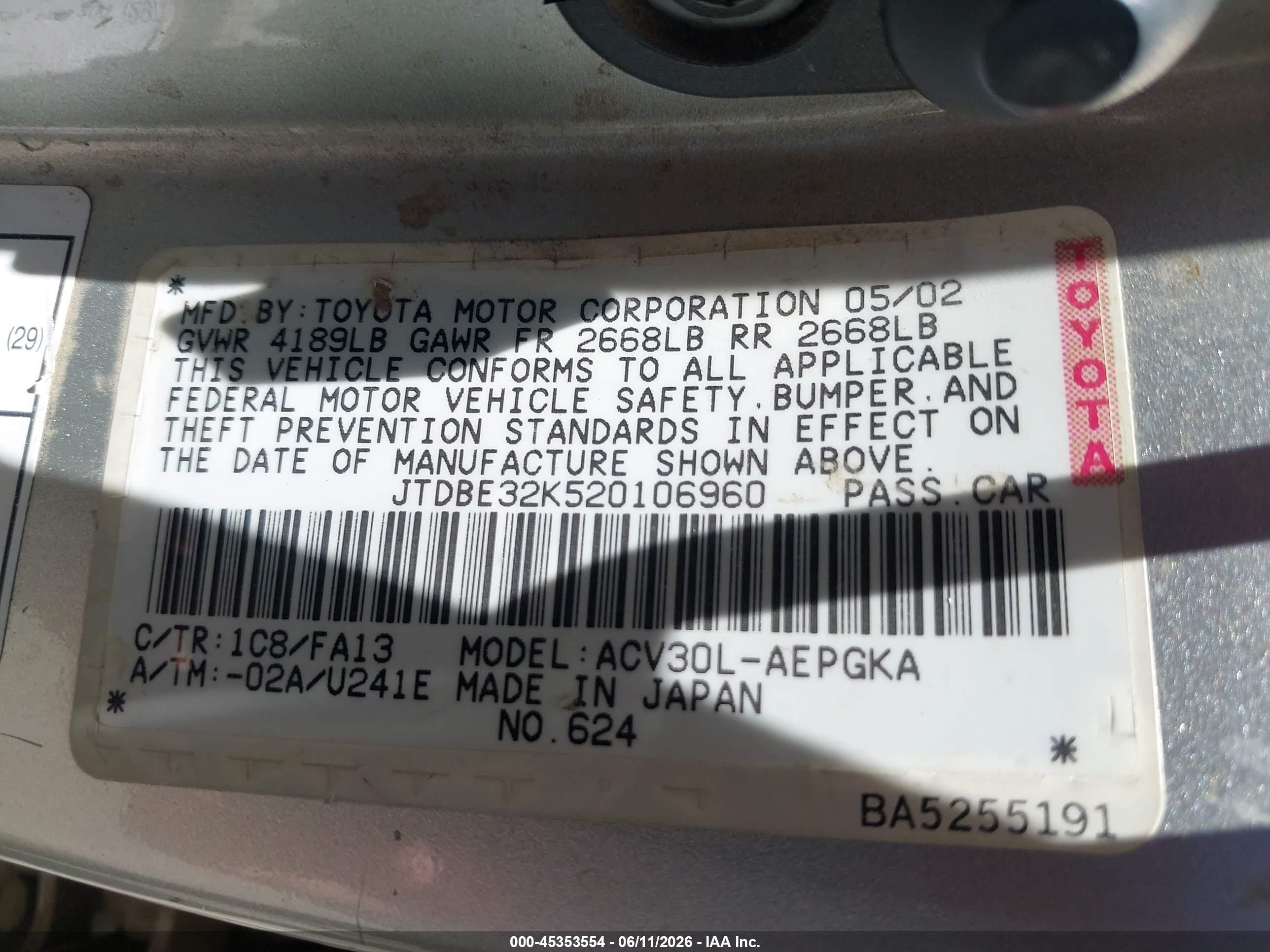 2002 Toyota Camry Xle Gray vin: JTDBE32K520106960