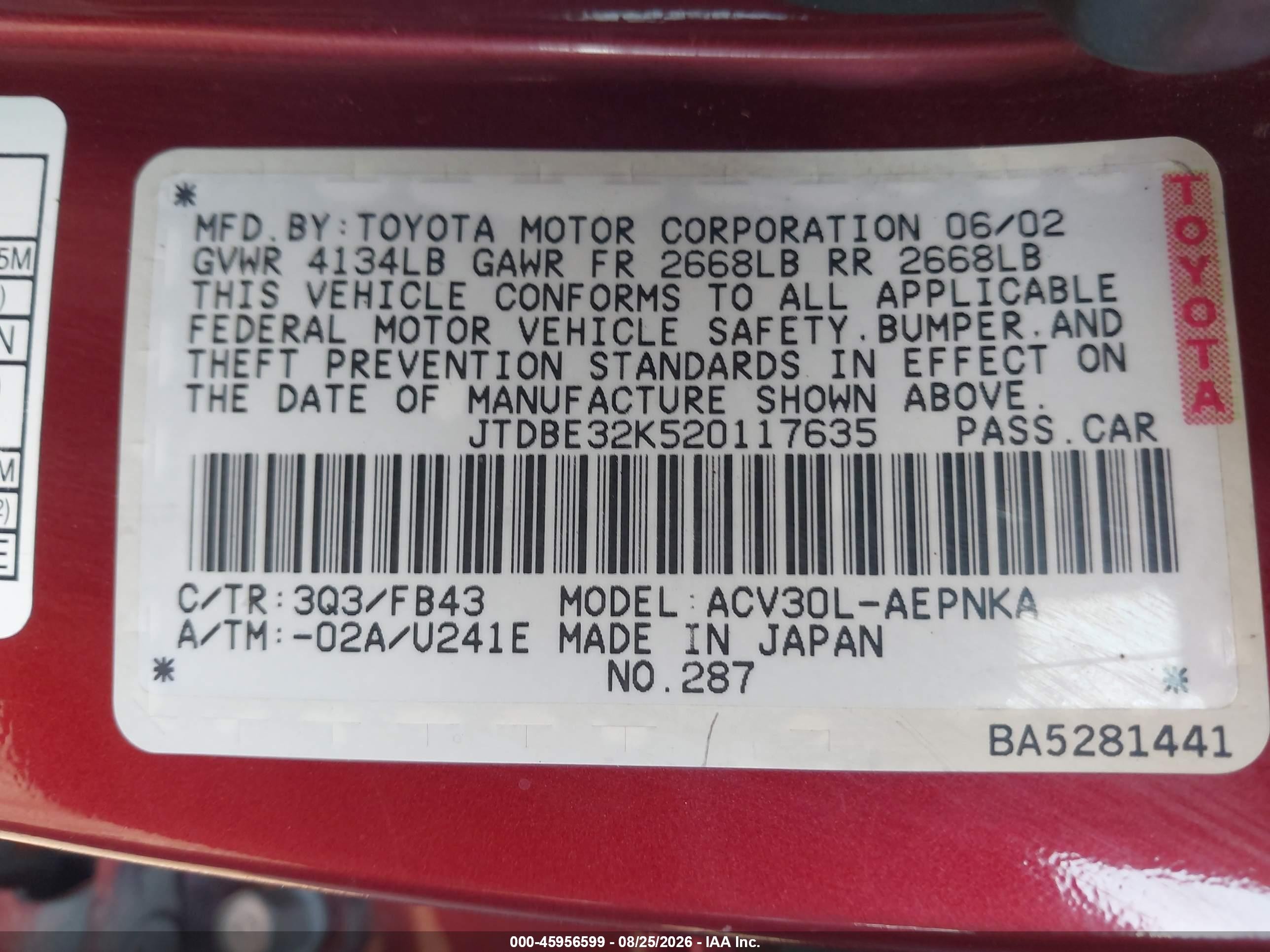 2002 Toyota Camry Le Бордовый vin: JTDBE32K520117635
