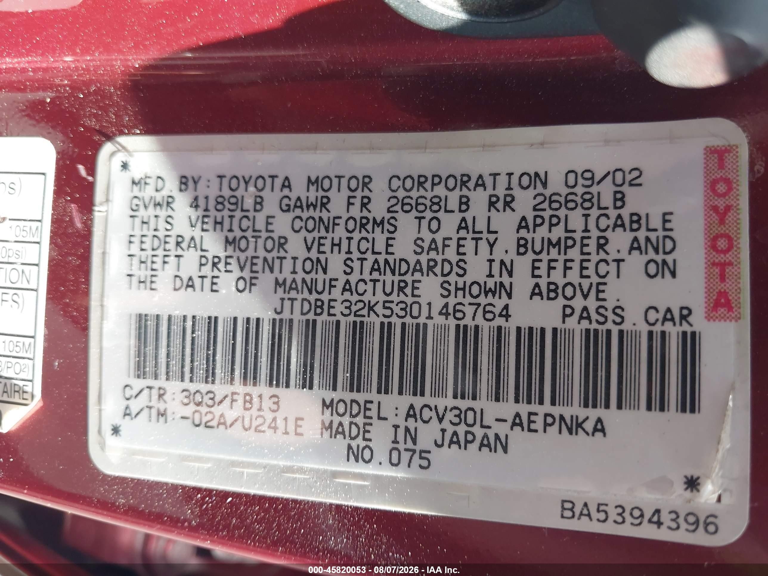2003 Toyota Camry Le Red vin: JTDBE32K530146764