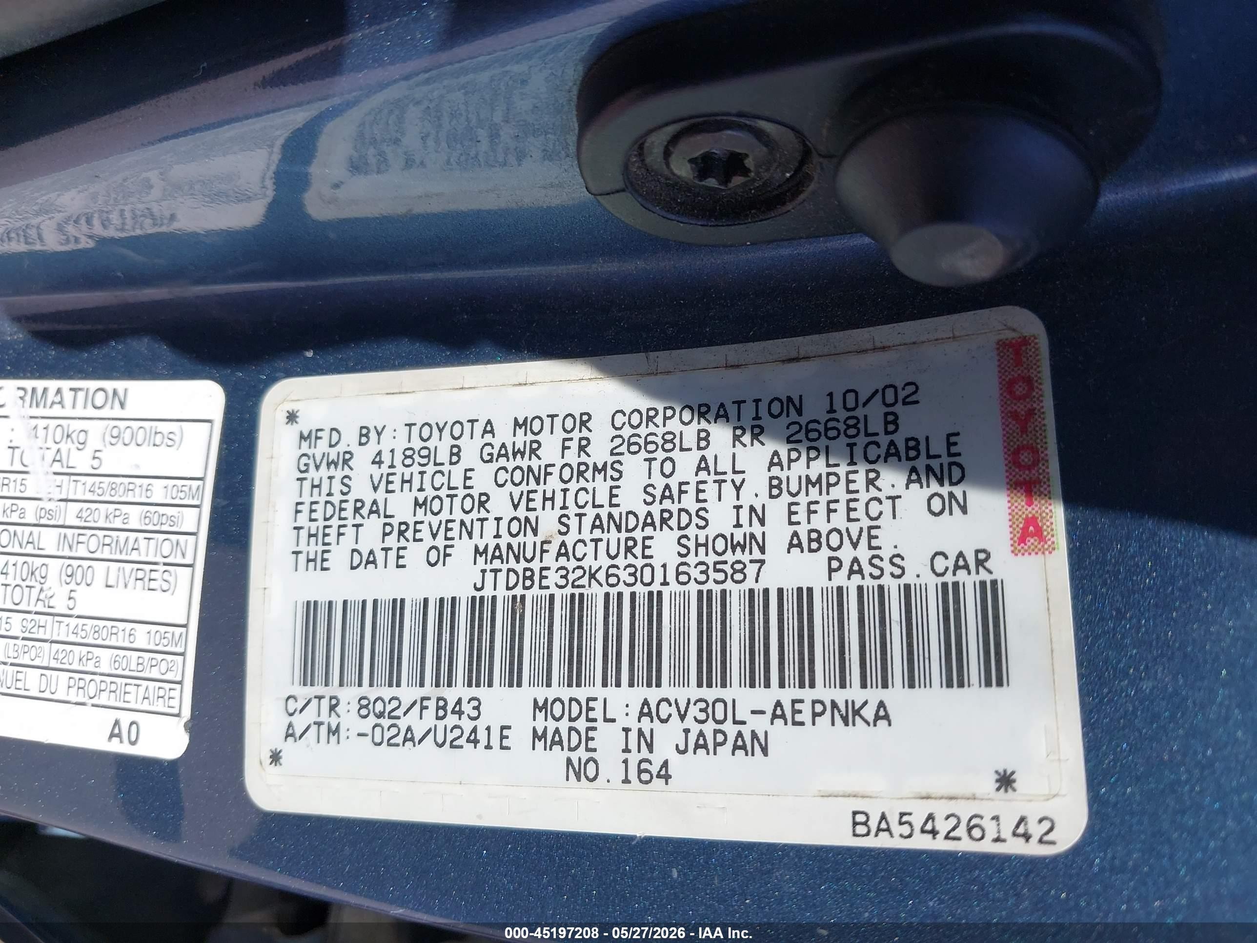 2003 Toyota Camry Le Blue vin: JTDBE32K630163587