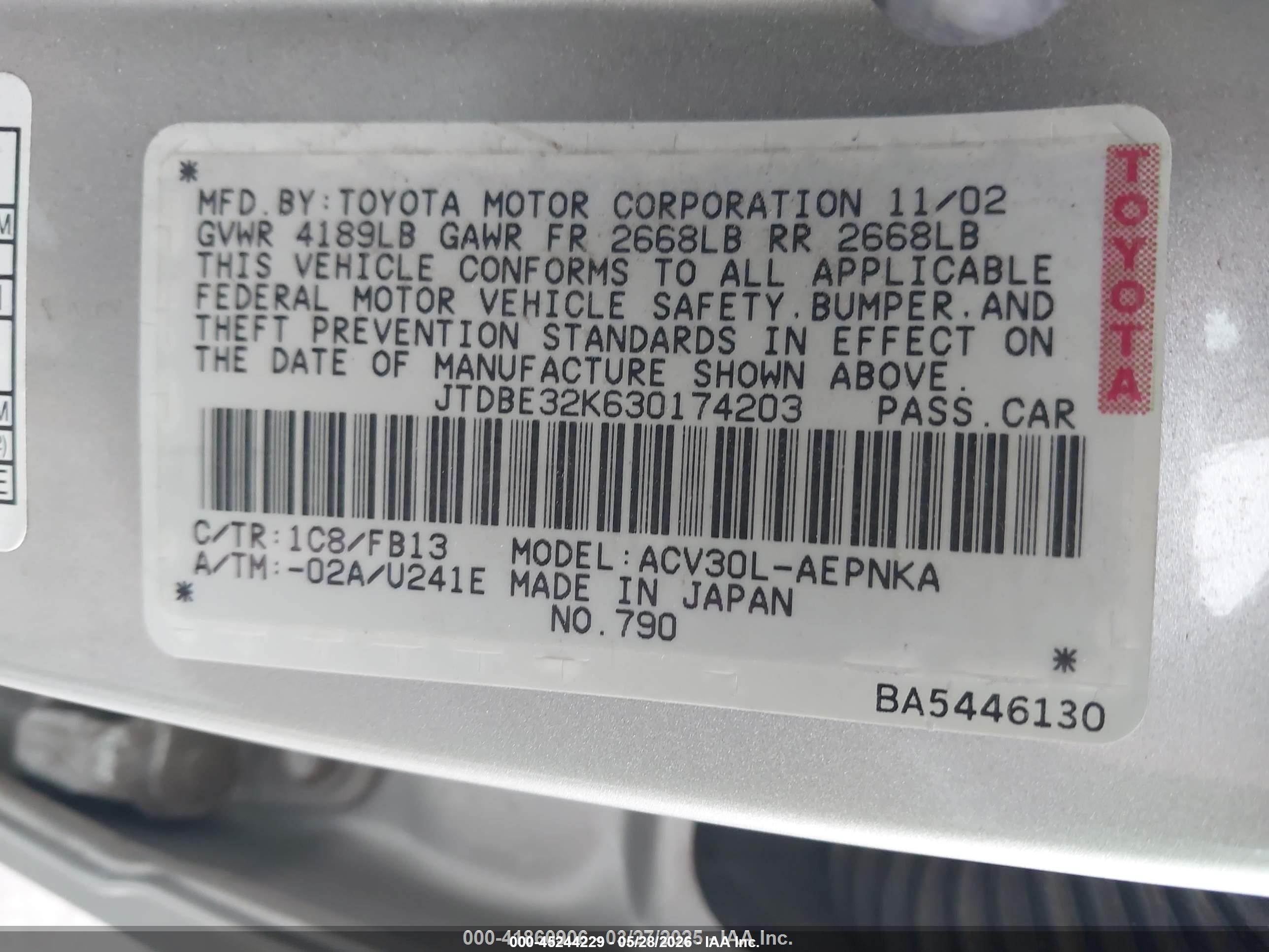 2003 Toyota Camry Le Silver vin: JTDBE32K630174203