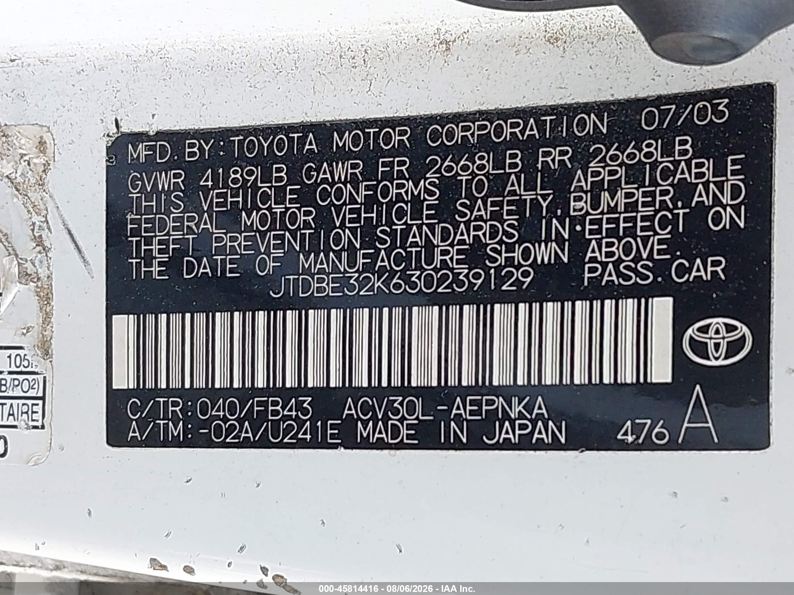 2003 Toyota Camry Le White vin: JTDBE32K630239129