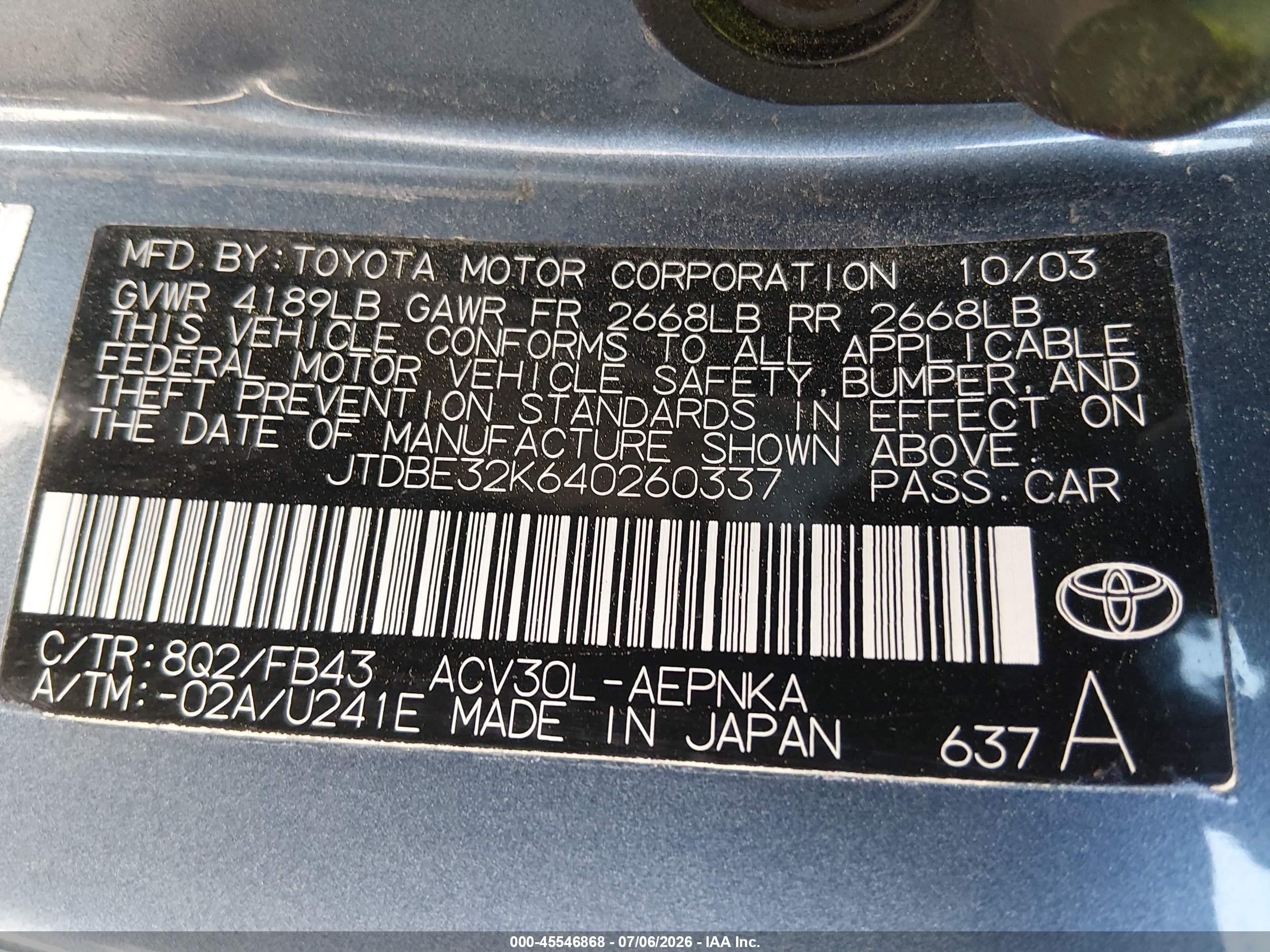 2004 Toyota Camry Le Blue vin: JTDBE32K640260337
