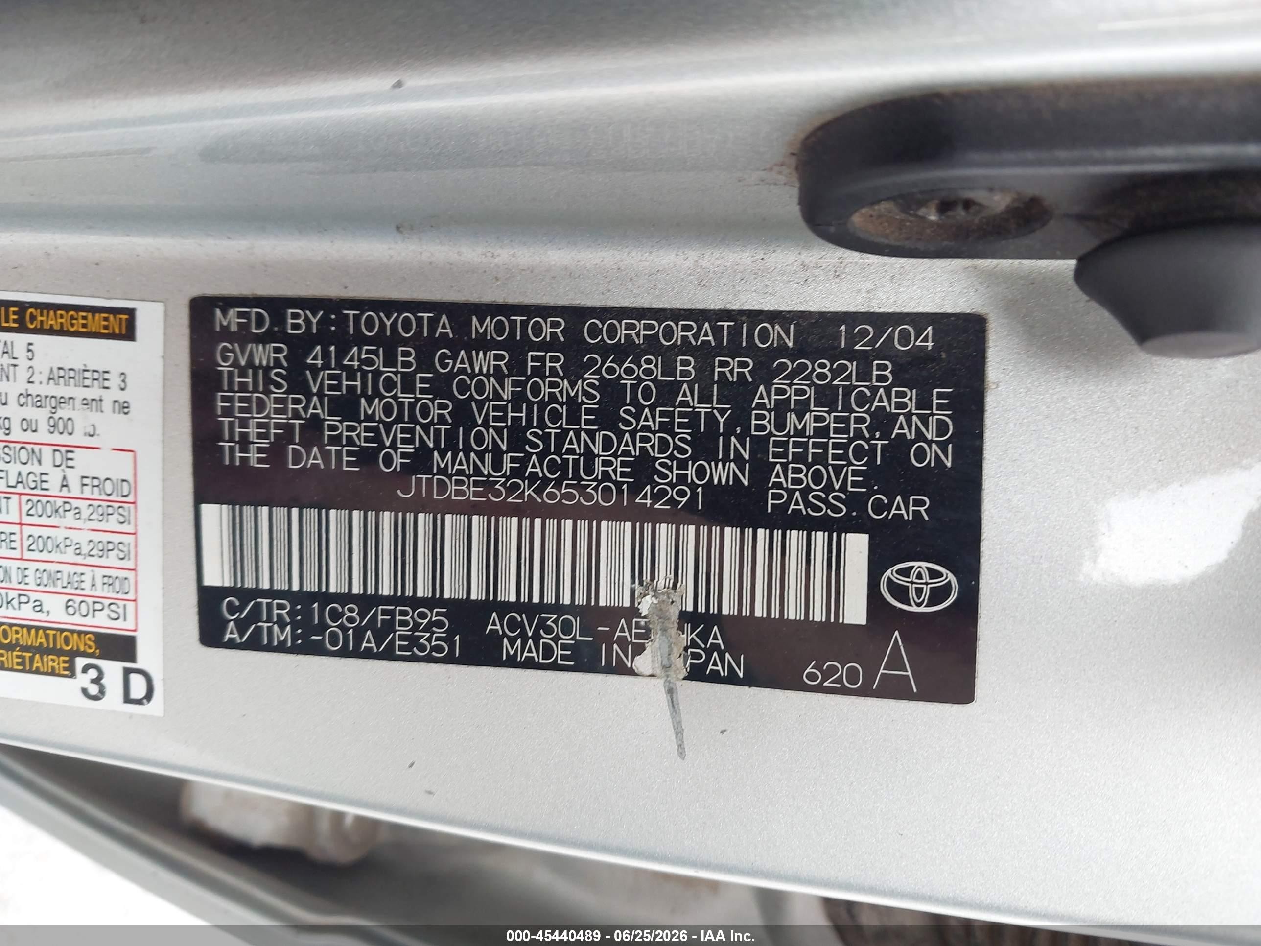 2005 Toyota Camry Std Silver vin: JTDBE32K653014291
