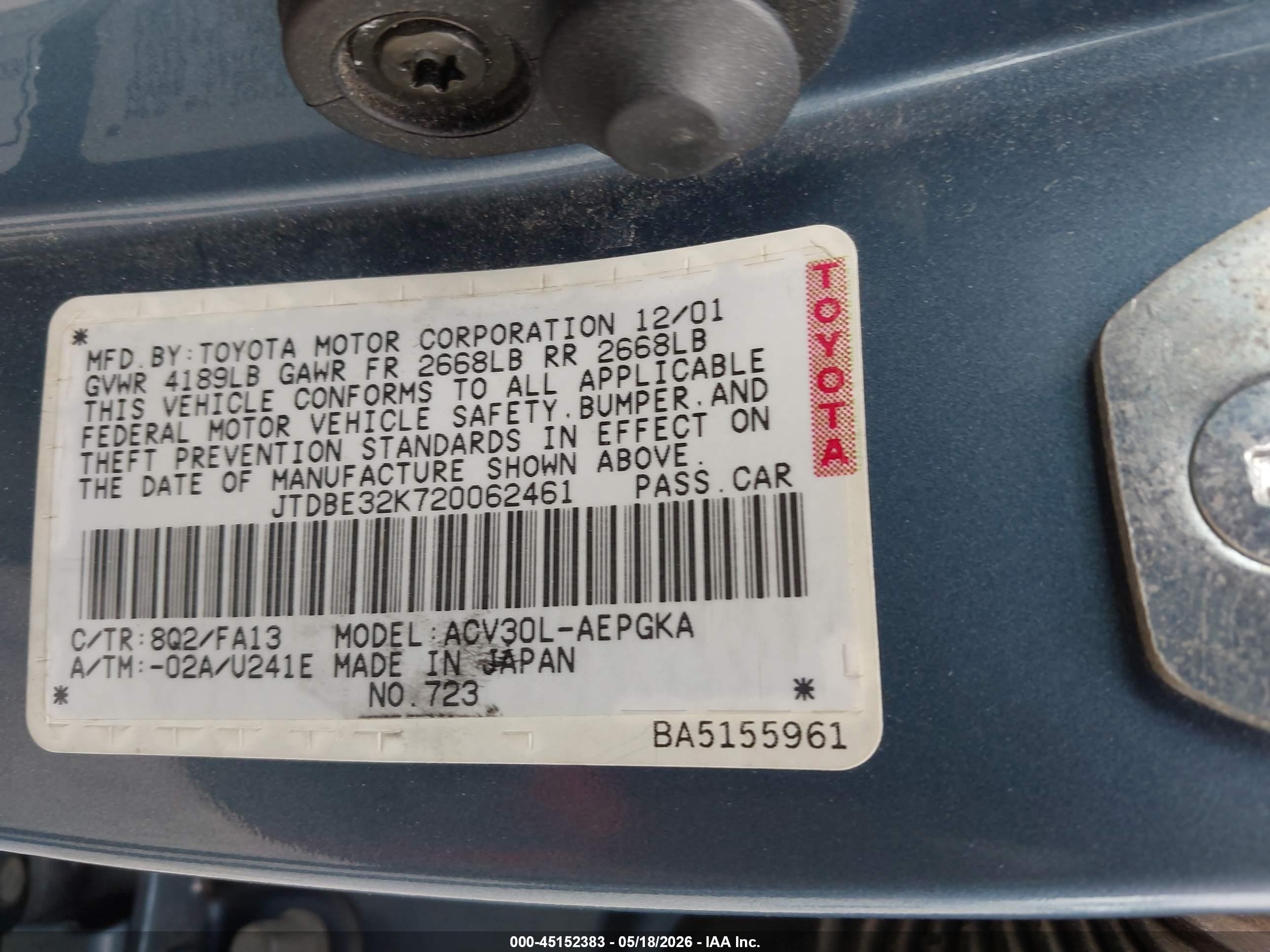 2002 Toyota Camry Xle Blue vin: JTDBE32K720062461