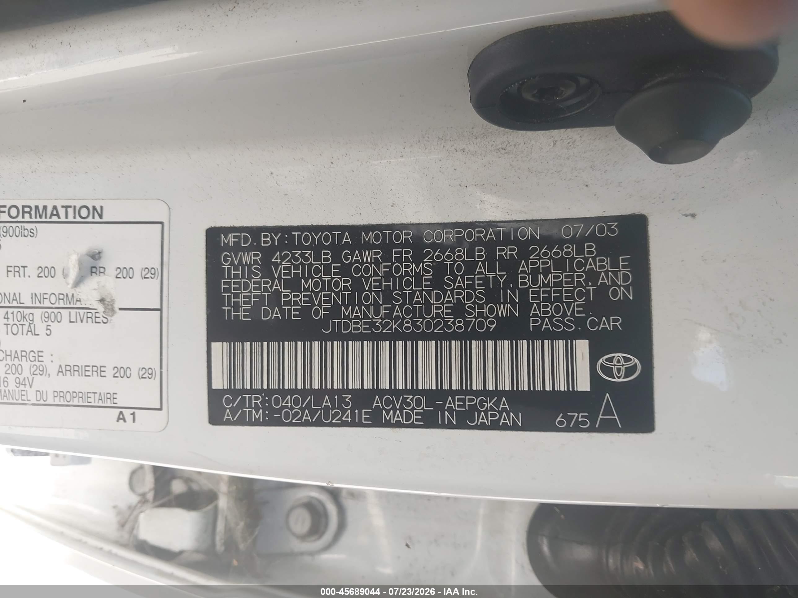2003 Toyota Camry Xle Белый vin: JTDBE32K830238709