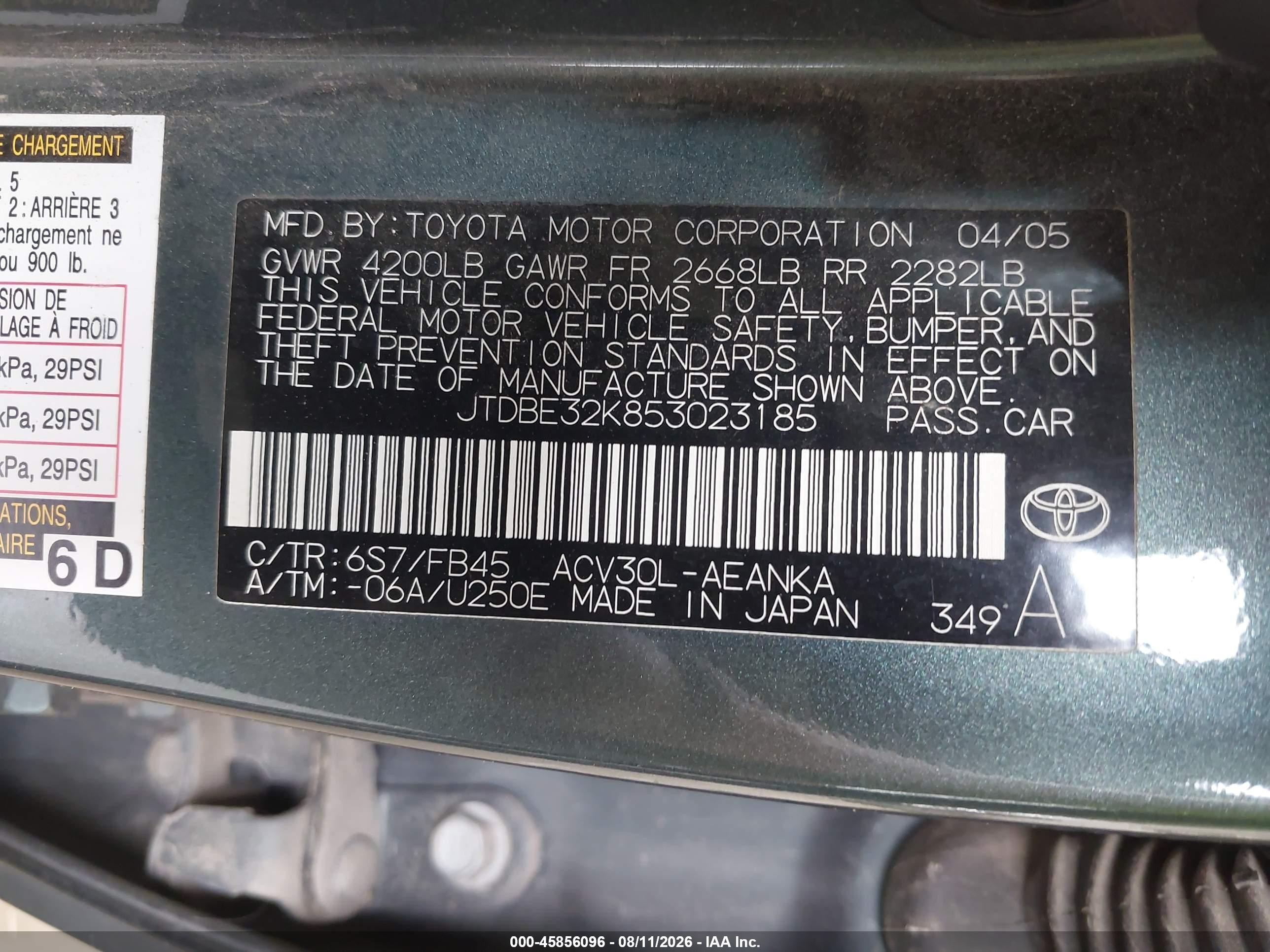2005 Toyota Camry Le Black vin: JTDBE32K853023185