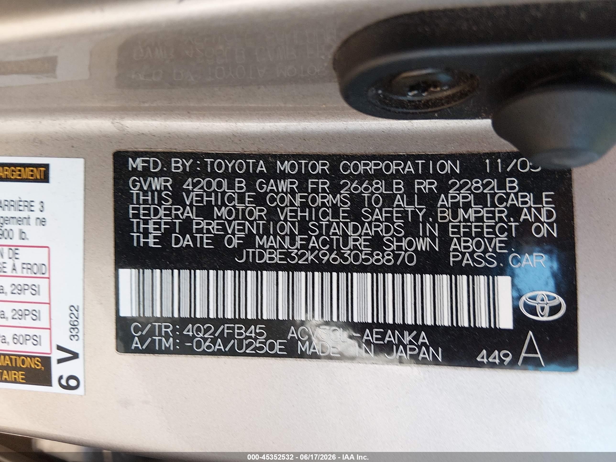 2006 Toyota Camry Std Beige vin: JTDBE32K963058870
