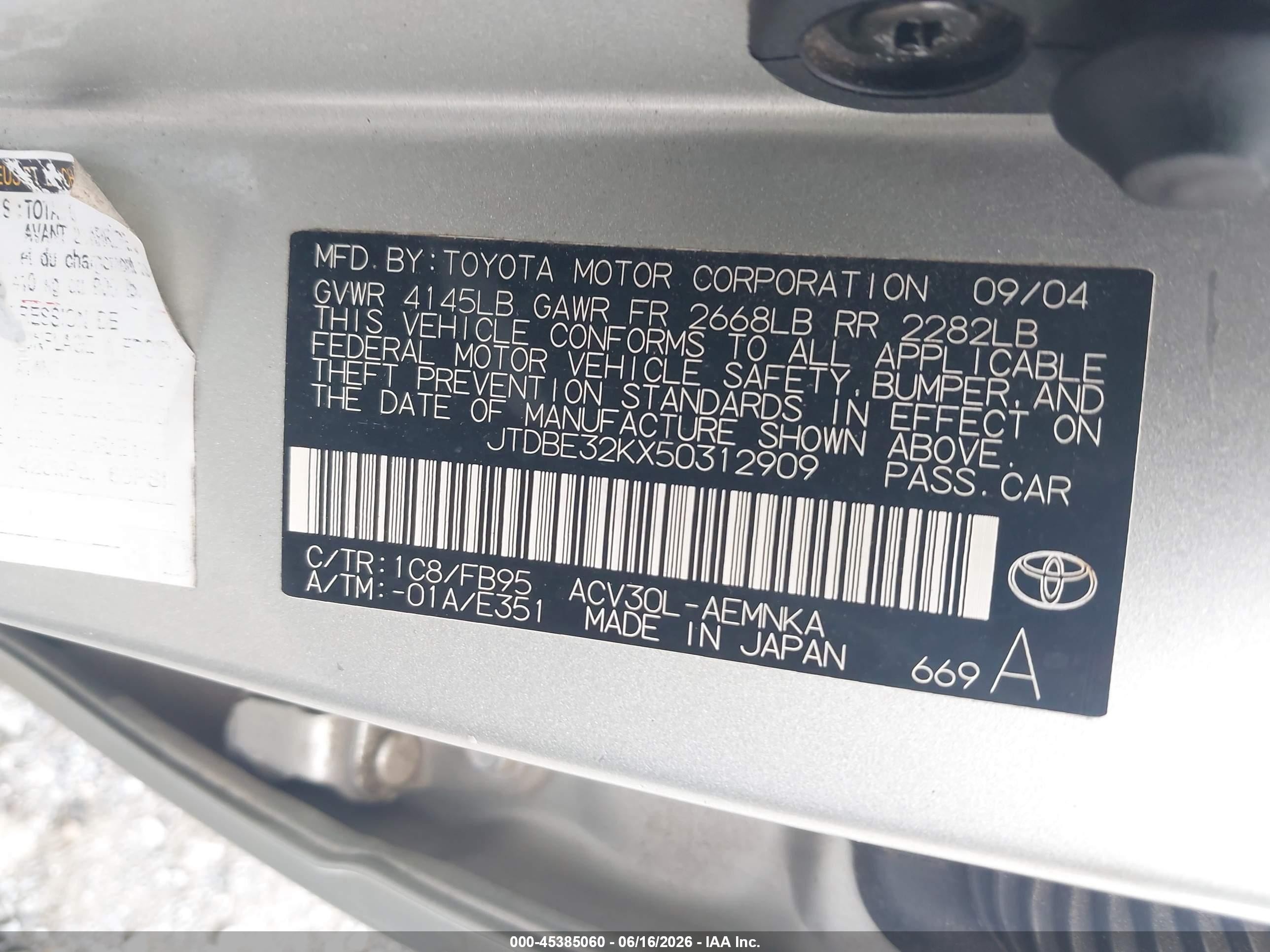 2005 Toyota Camry Std Silver vin: JTDBE32KX50312909