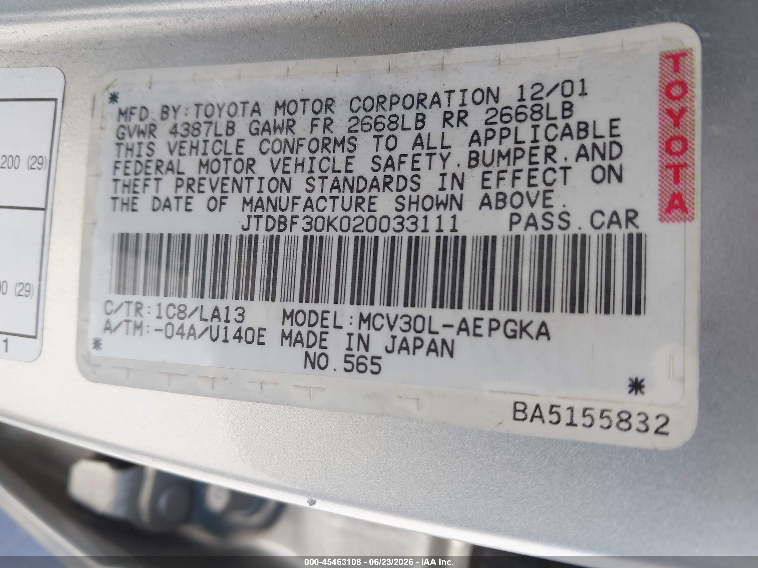 2002 Toyota Camry Xle Серый vin: JTDBF30K020033111