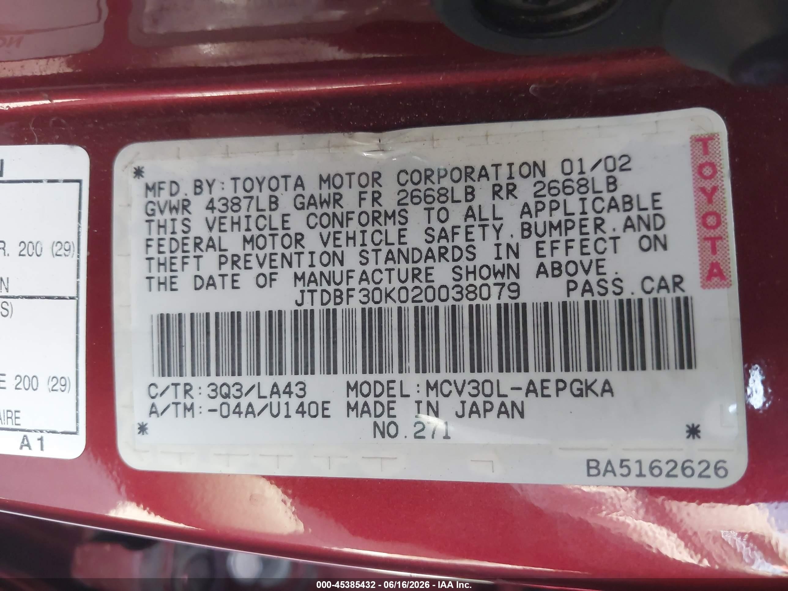 2002 Toyota Camry Xle Красный vin: JTDBF30K020038079