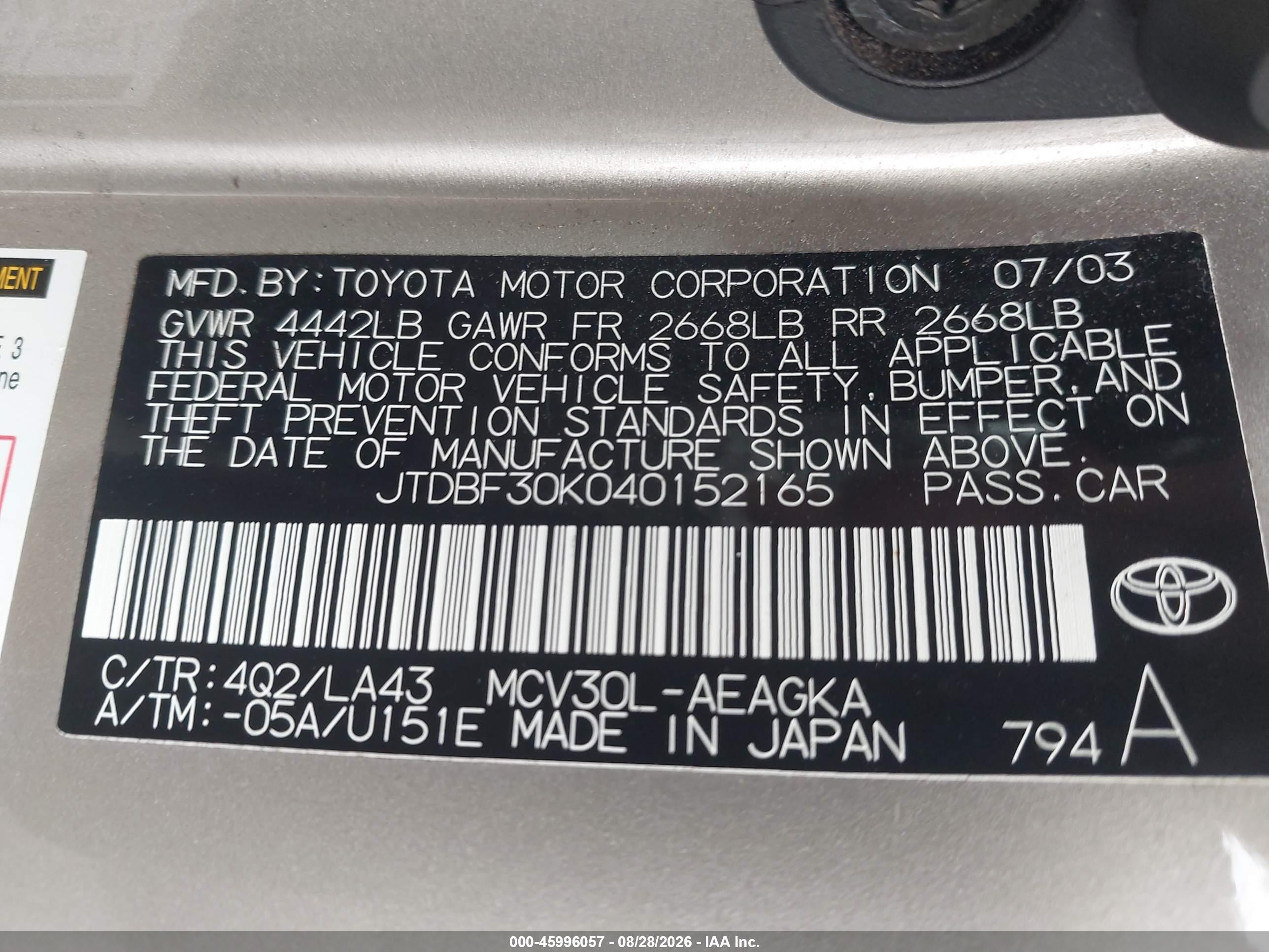 2004 Toyota Camry Xle V6 Gold vin: JTDBF30K040152165