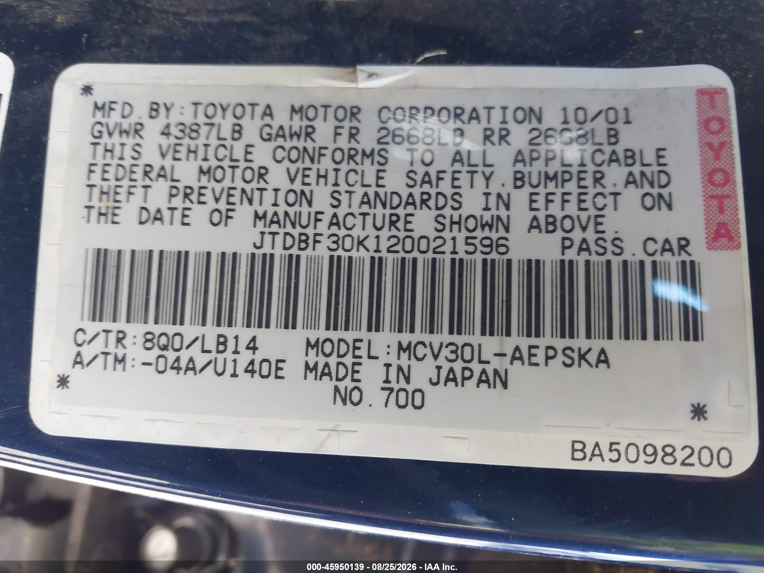 2002 Toyota Camry Se V6 Blue vin: JTDBF30K120021596