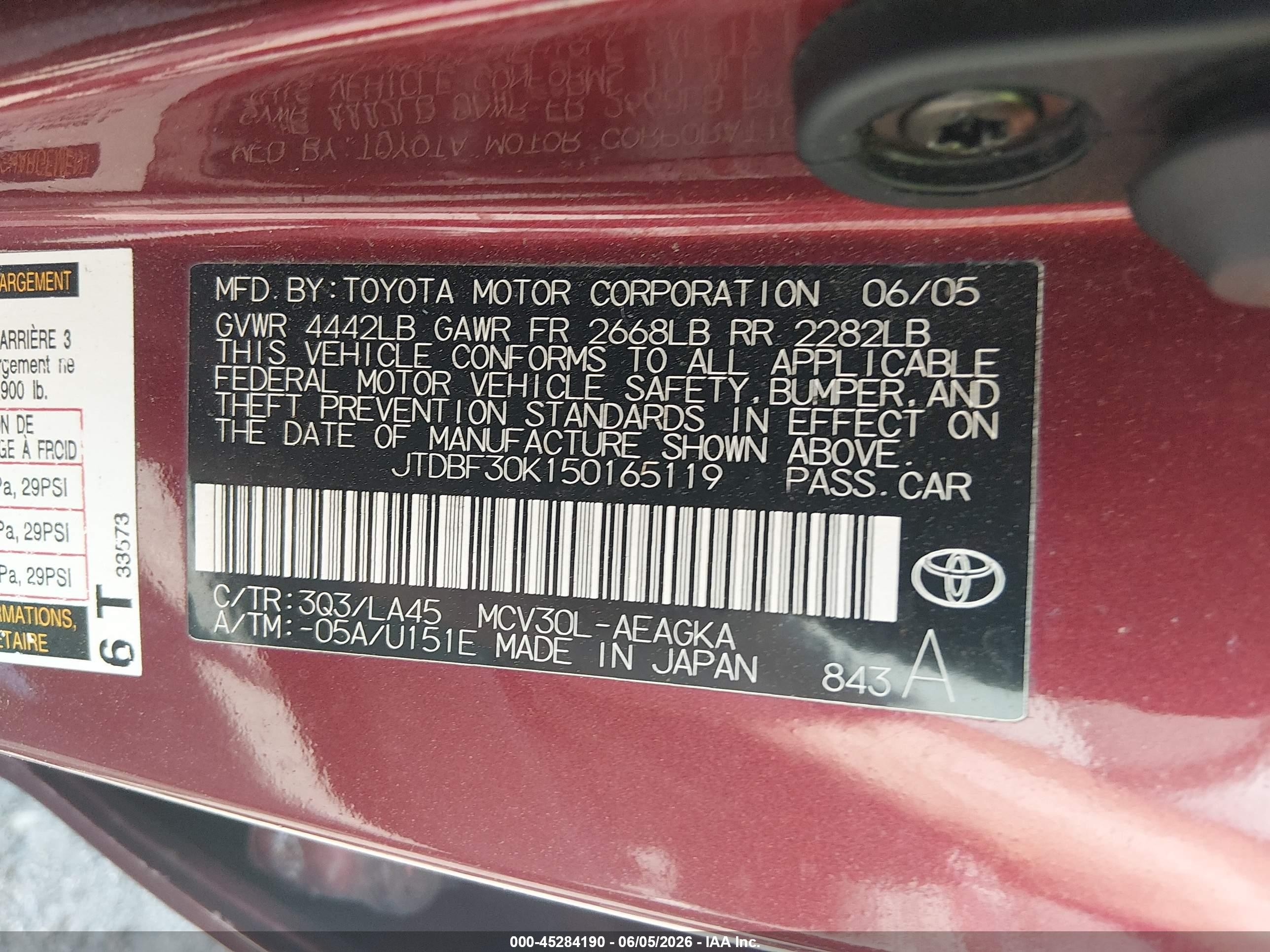 2005 Toyota Camry Xle V6 Burgundy vin: JTDBF30K150165119