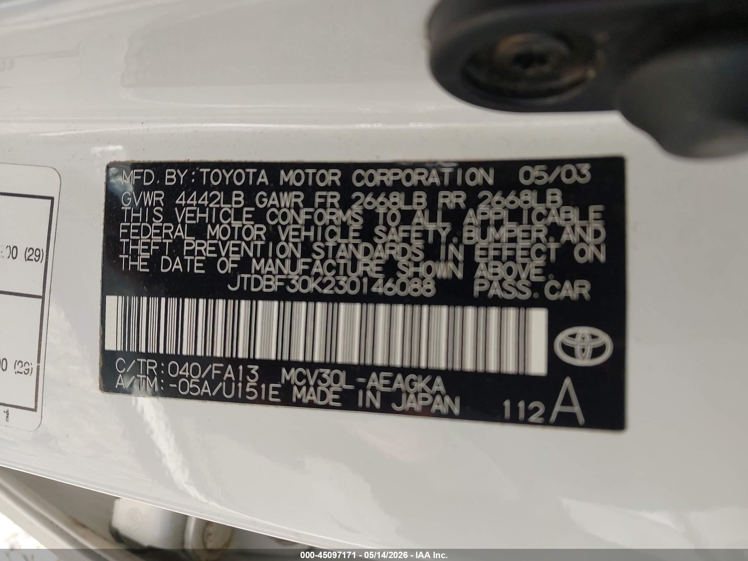 2003 Toyota Camry Le/xle Белый vin: JTDBF30K230146088