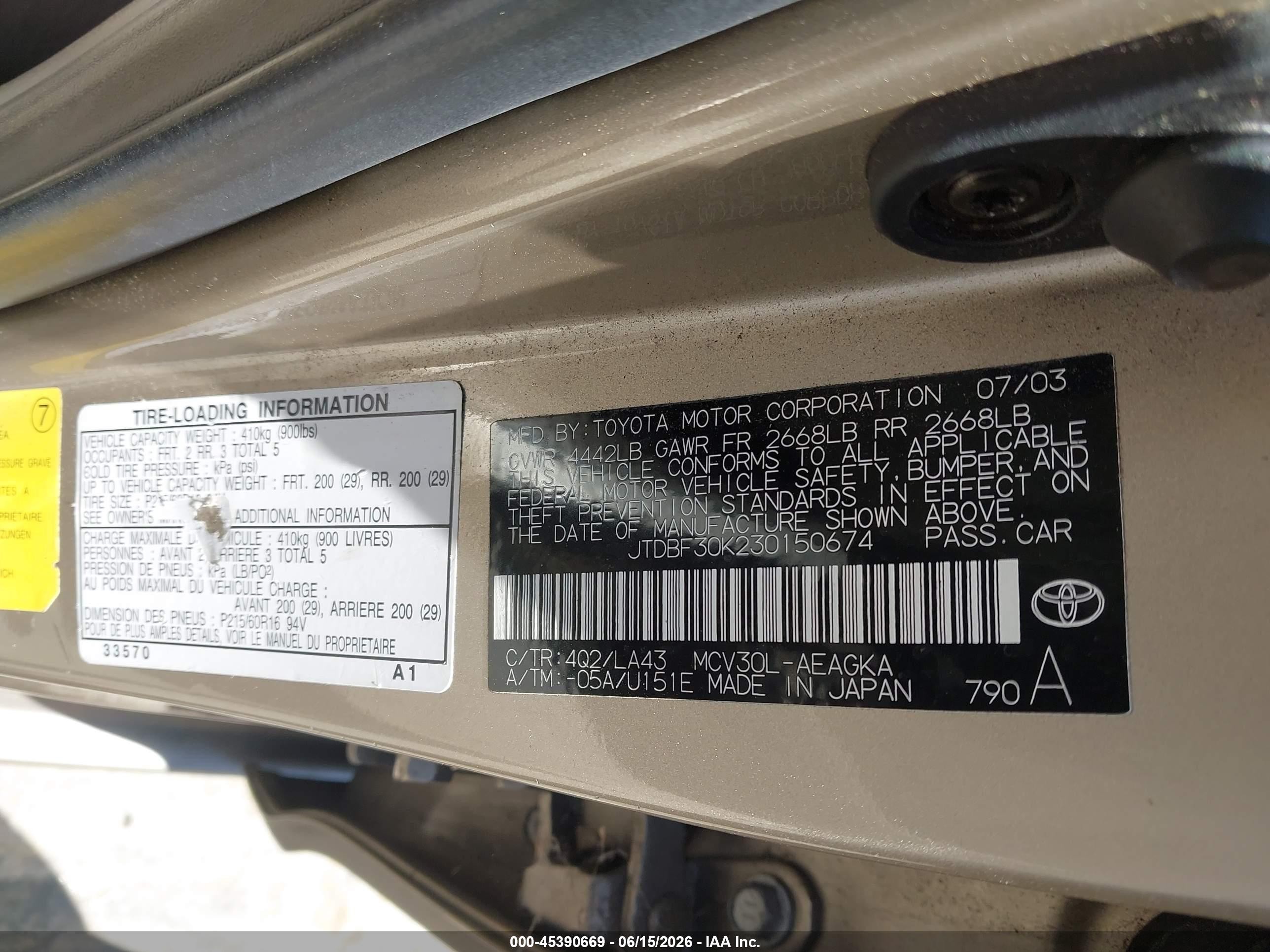 2003 Toyota Camry Xle V6 Beige vin: JTDBF30K230150674