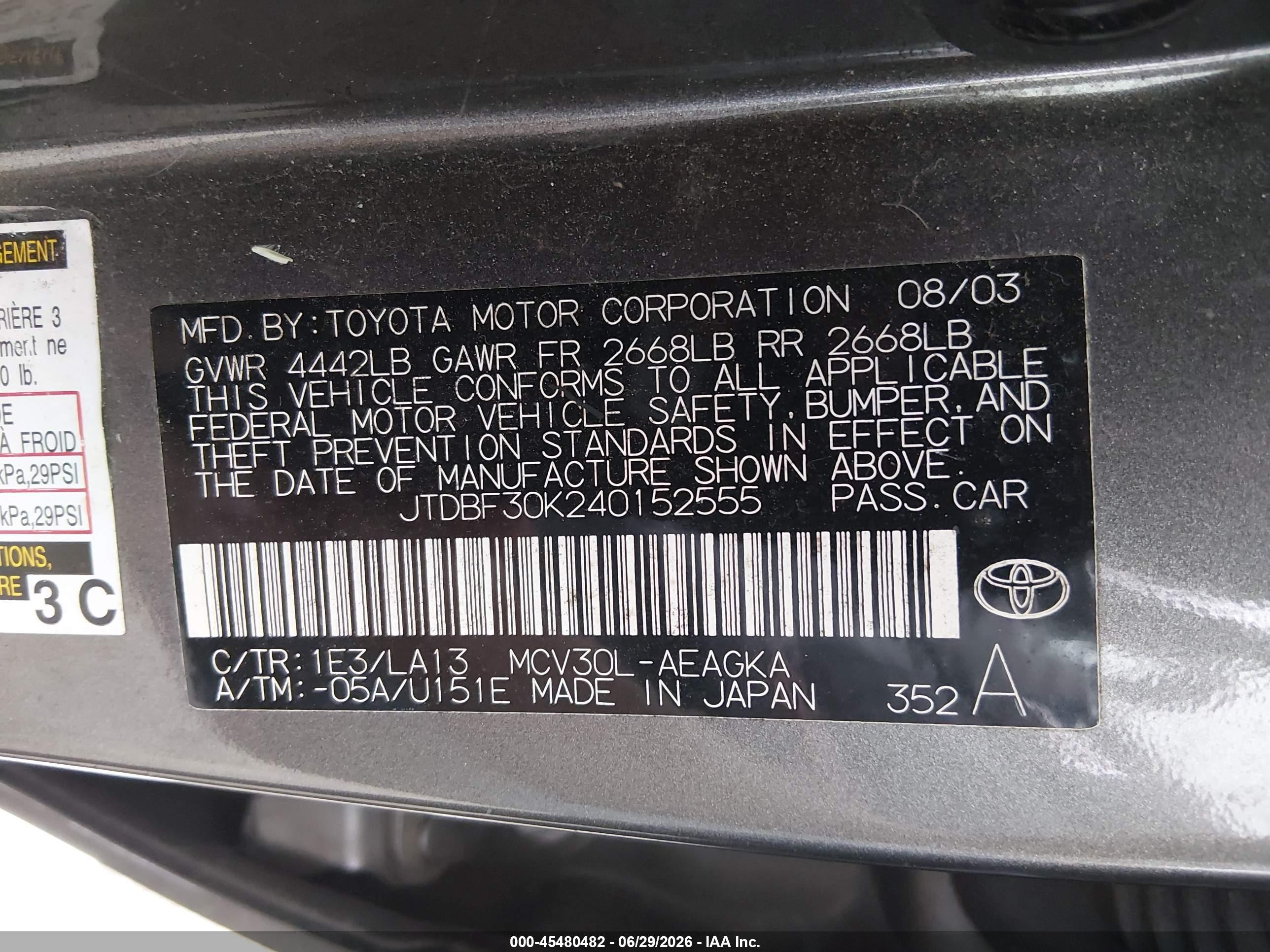 2004 Toyota Camry Le/xle Gray vin: JTDBF30K240152555