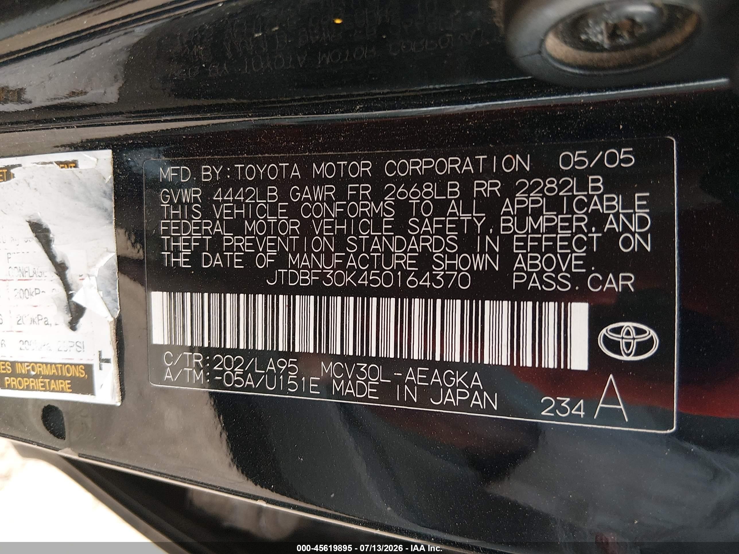 2005 Toyota Camry Xle V6 Black vin: JTDBF30K450164370