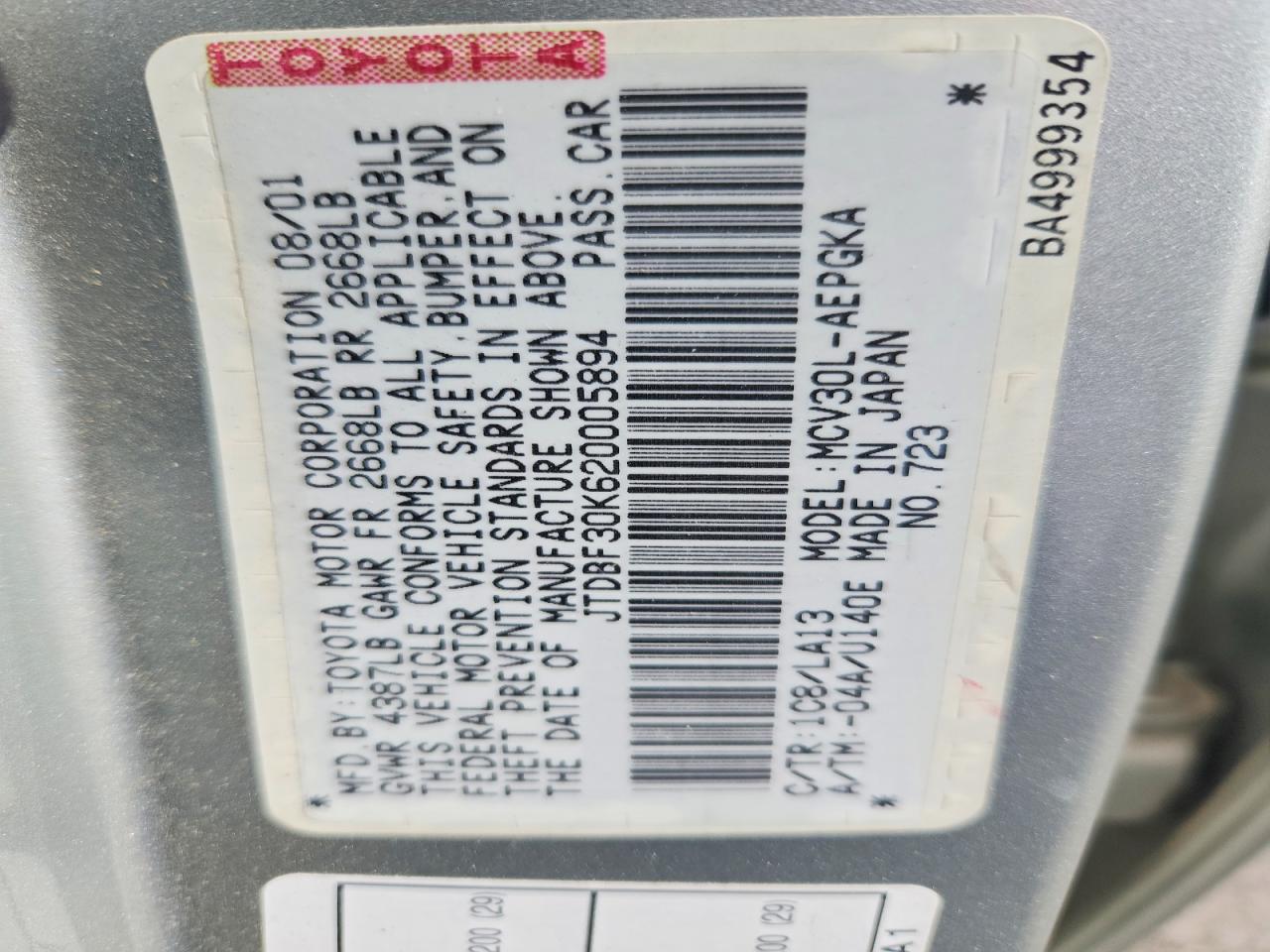 2002 Toyota Camry Xle V6 Silver vin: JTDBF30K620005894
