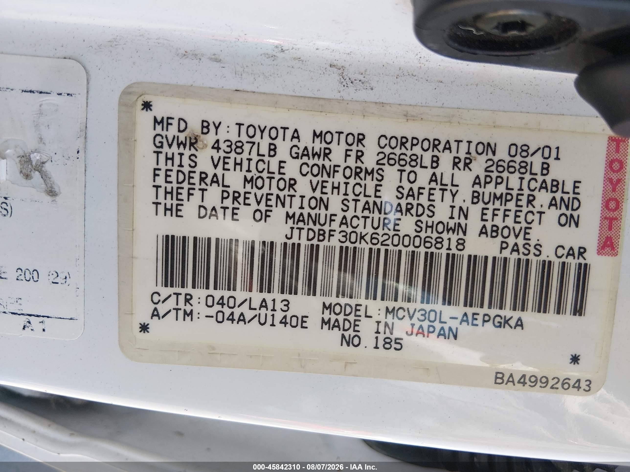 2002 Toyota Camry Xle White vin: JTDBF30K620006818