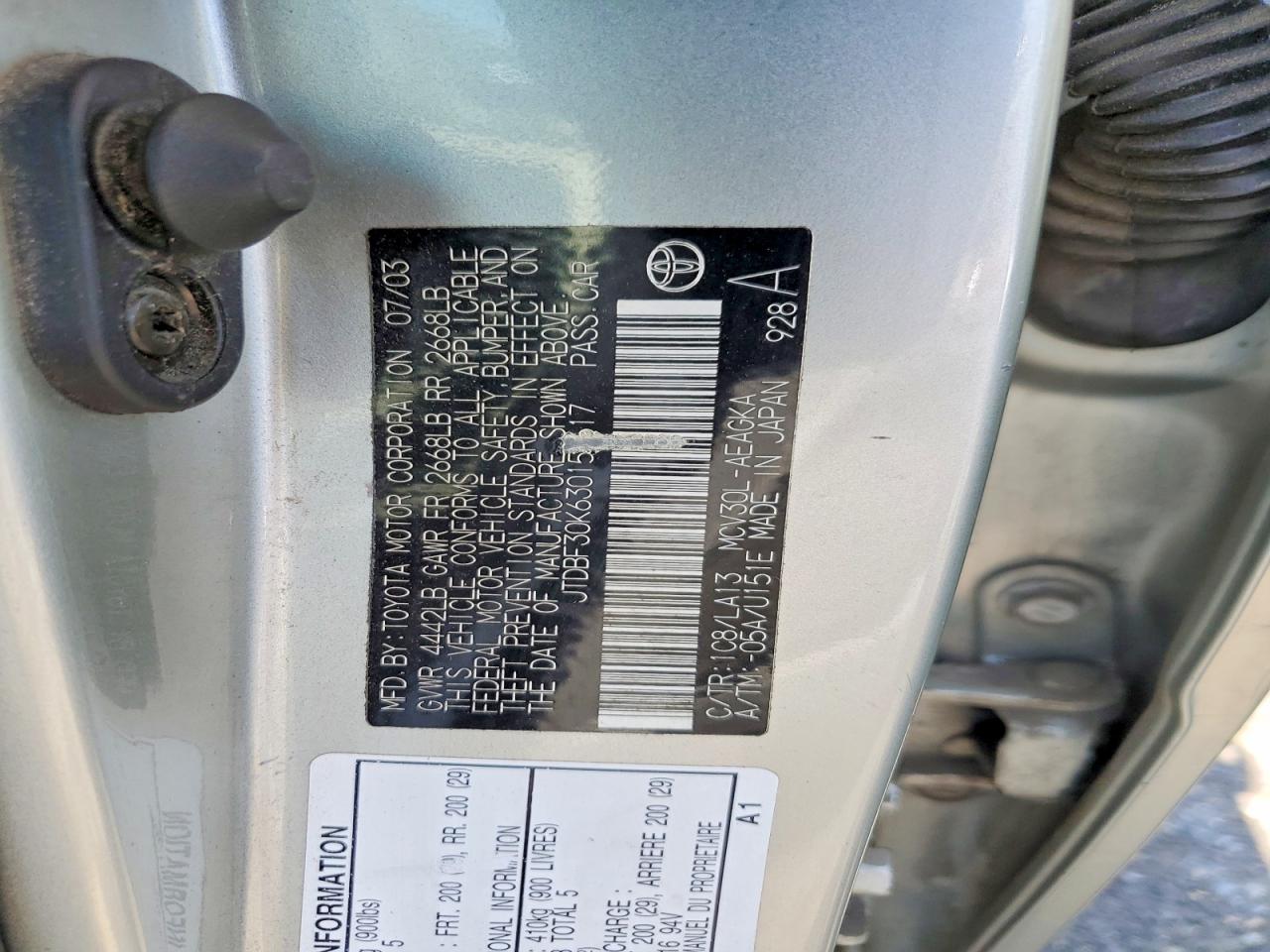 2003 Toyota Camry Xle V6 Silver vin: JTDBF30K630151617