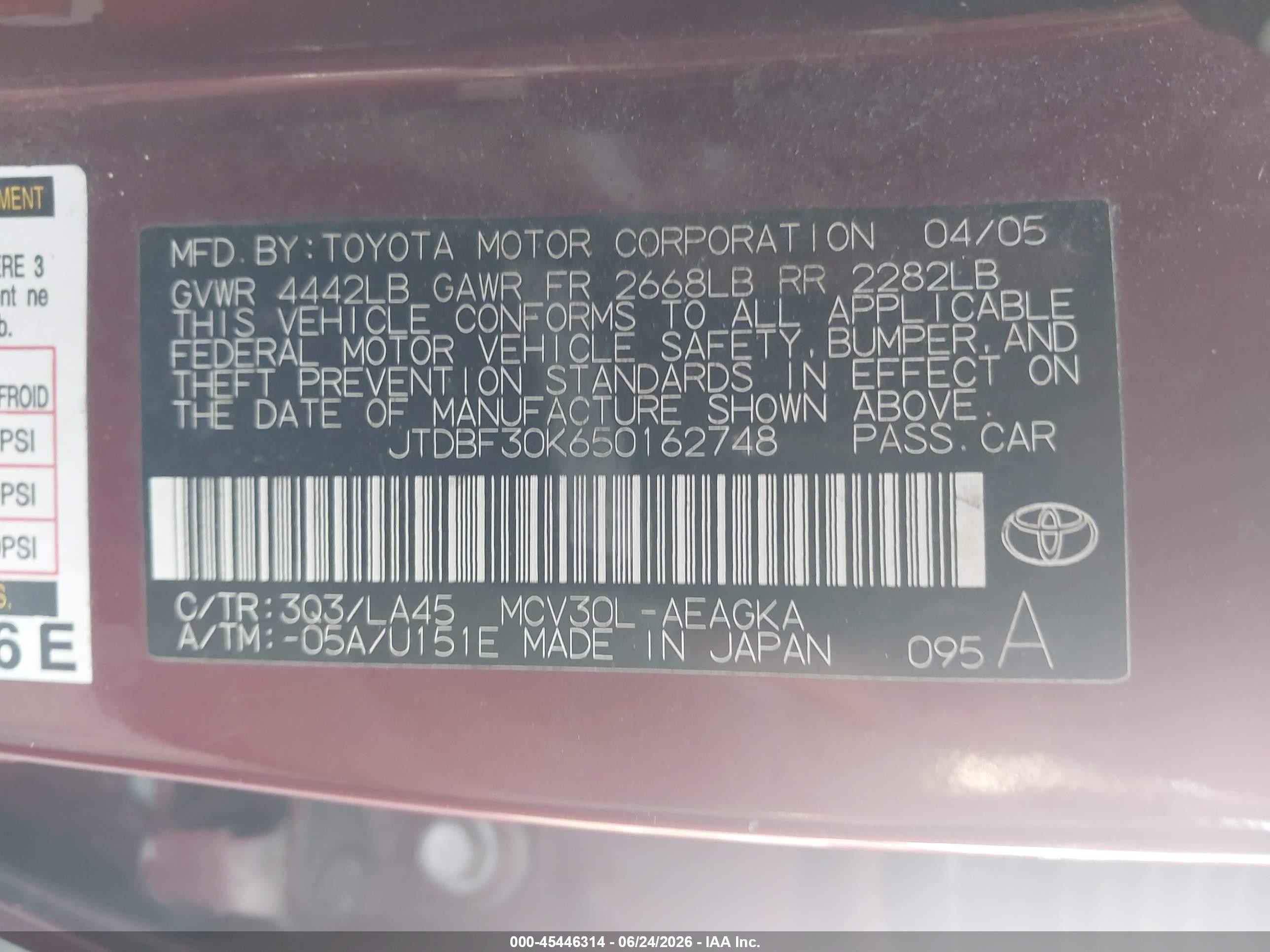 2005 Toyota Camry Xle V6 Red vin: JTDBF30K650162748