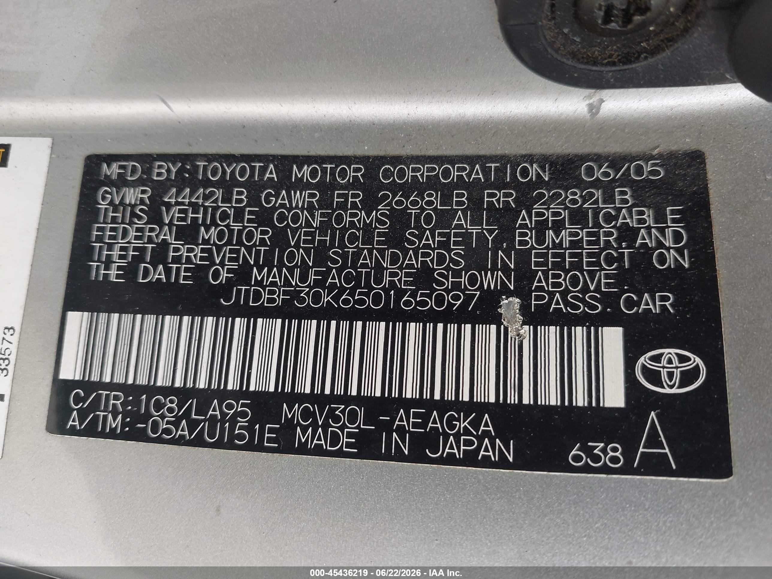 2005 Toyota Camry Xle V6 Silver vin: JTDBF30K650165097