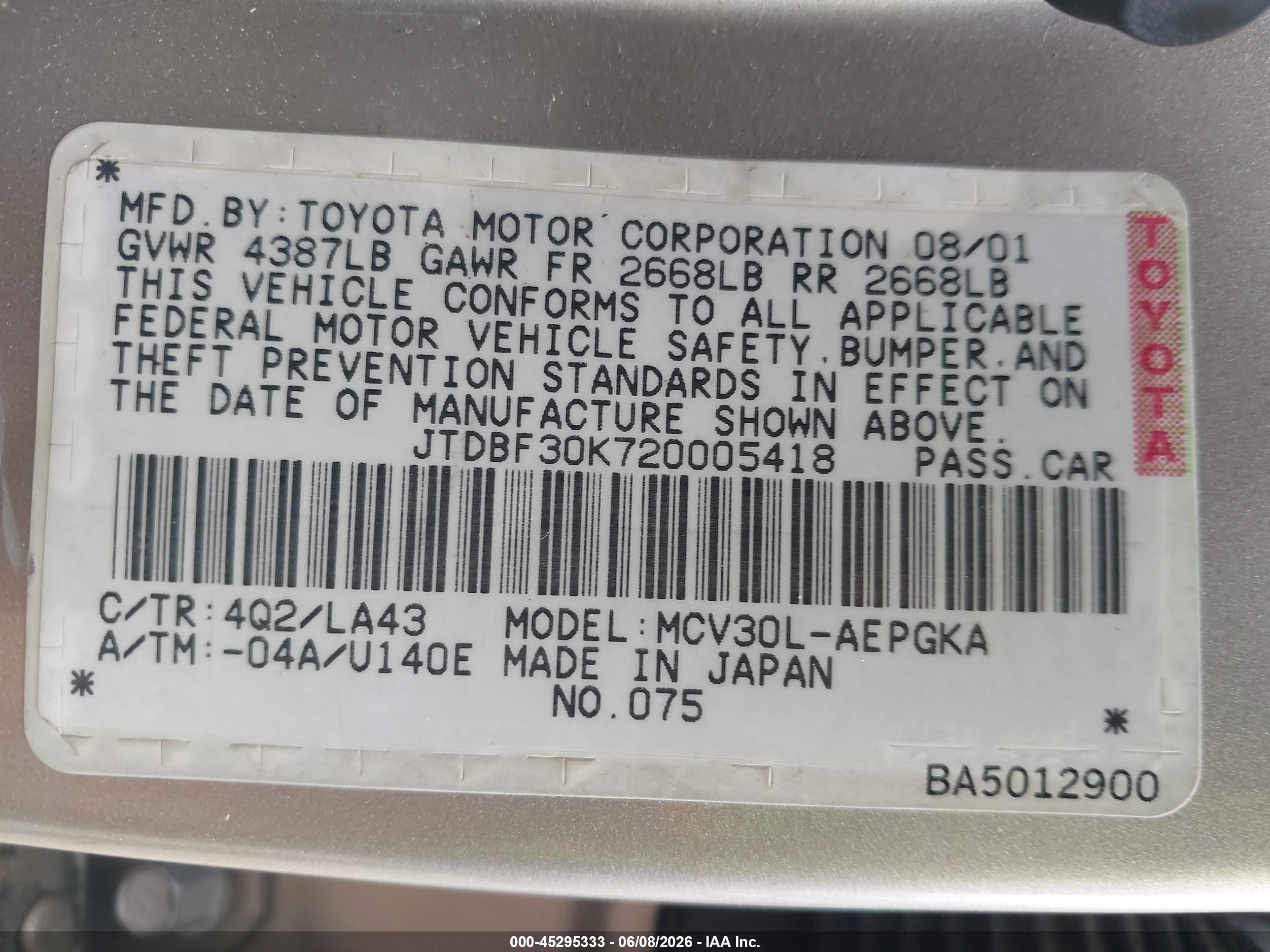 2002 Toyota Camry Xle V6 Gold vin: JTDBF30K720005418