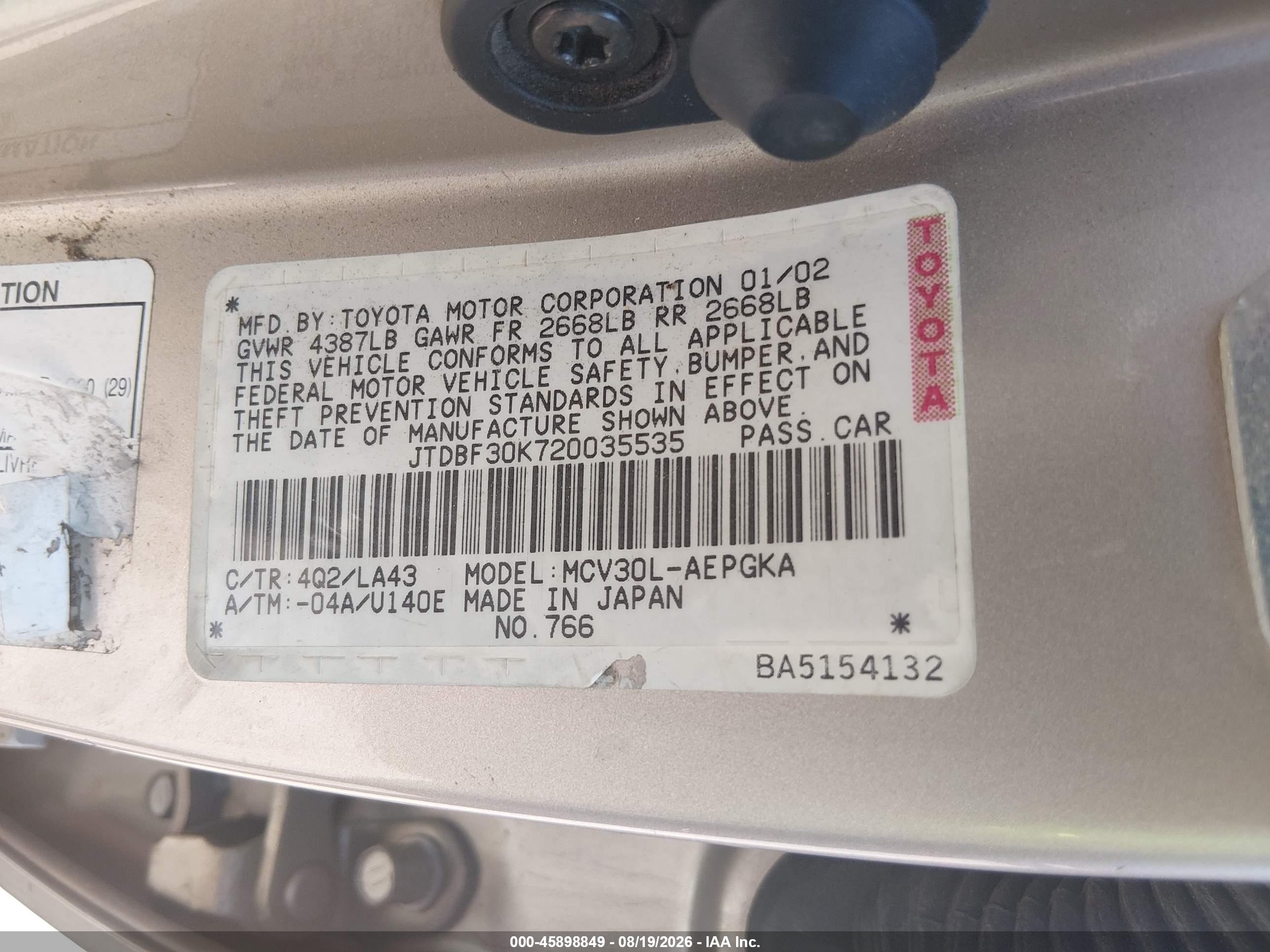 2002 Toyota Camry Xle Beige vin: JTDBF30K720035535