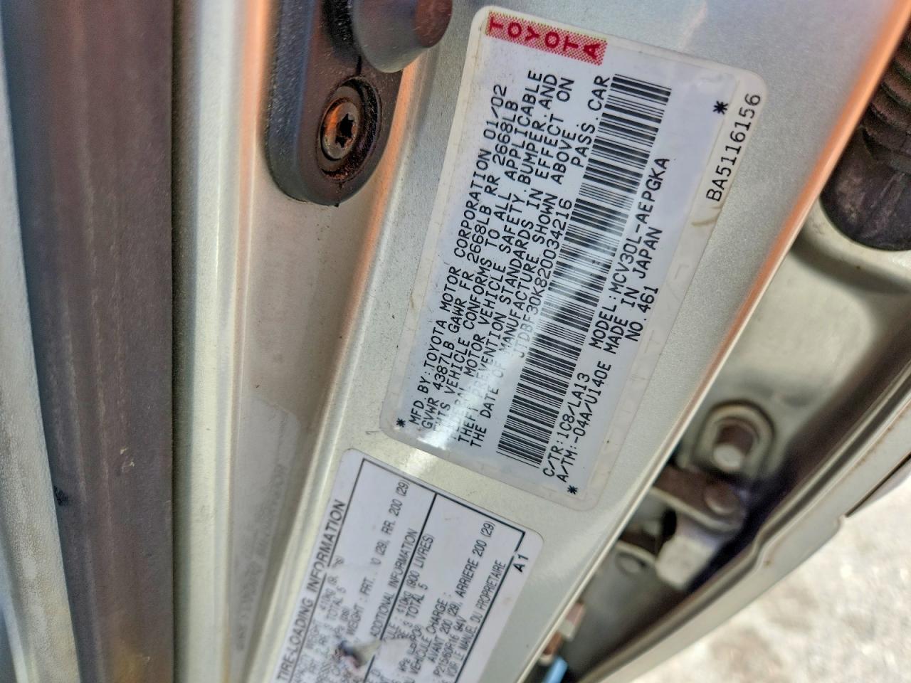 2002 Toyota Camry Silver vin: JTDBF30K820034216