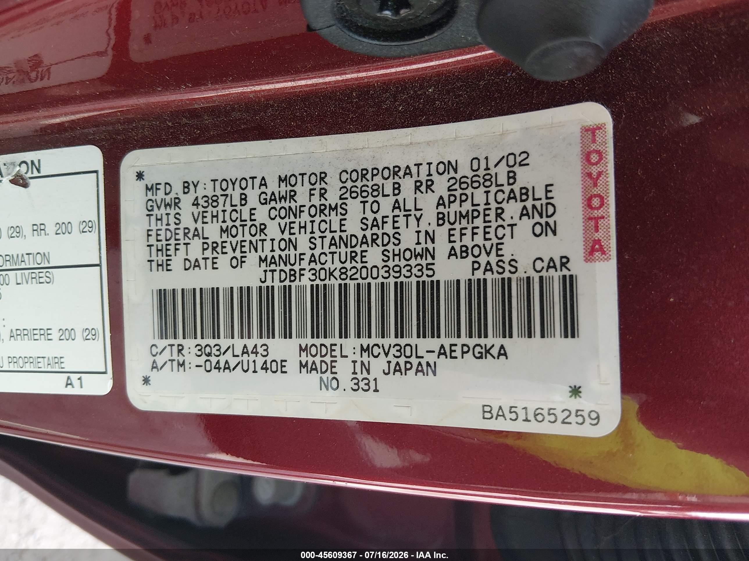 2002 Toyota Camry Xle Red vin: JTDBF30K820039335