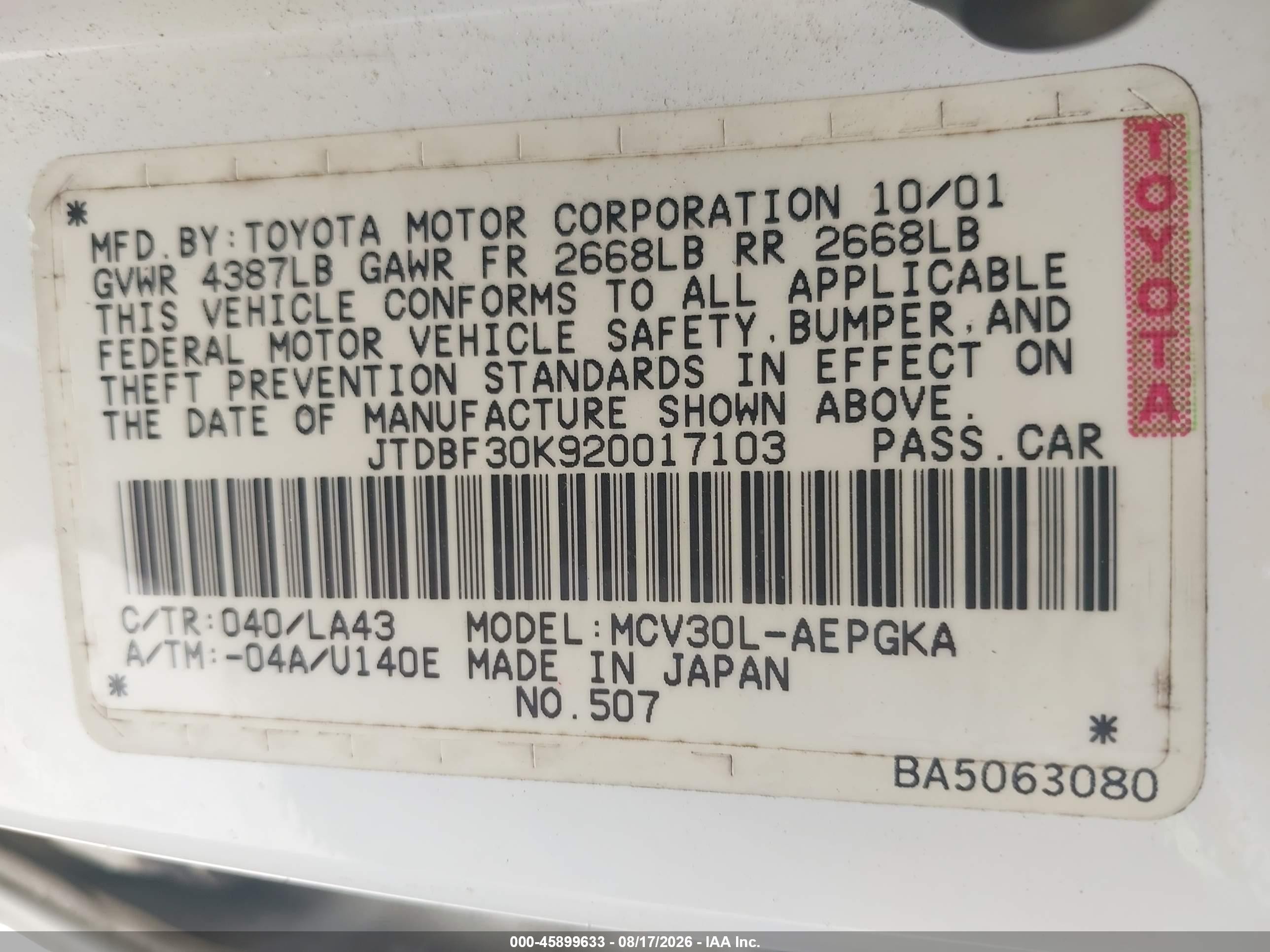 2002 Toyota Camry Xle White vin: JTDBF30K920017103