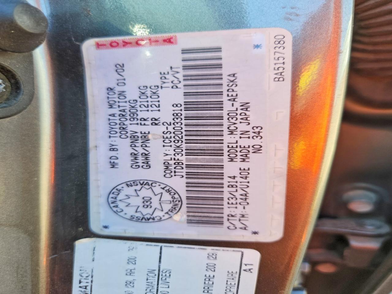2002 Toyota Camry Le V6 Gray vin: JTDBF30K920033818