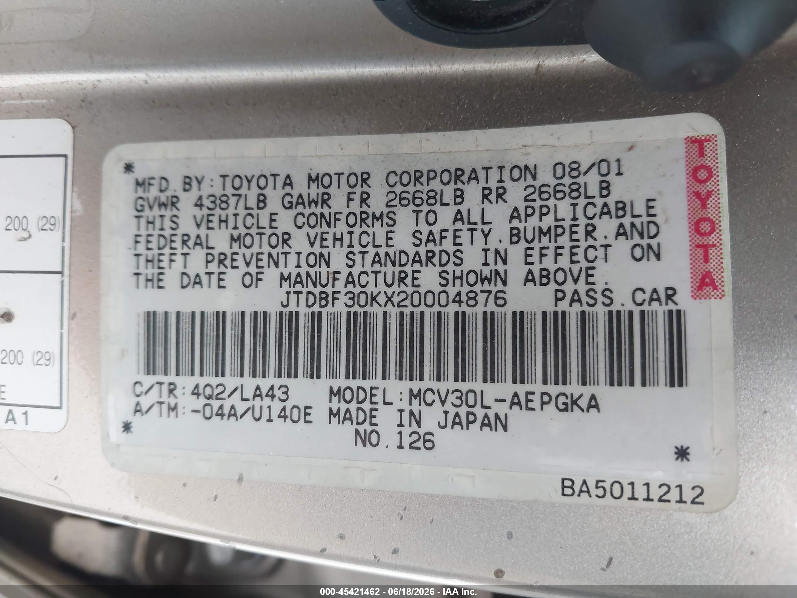 2002 Toyota Camry Xle Gold vin: JTDBF30KX20004876