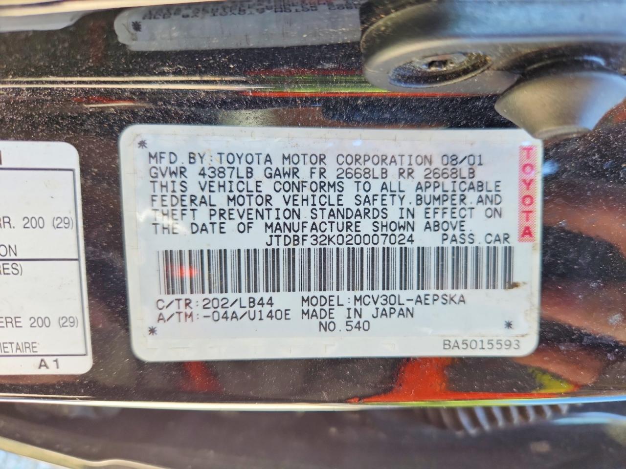 2002 Toyota Camry Se V6 Черный vin: JTDBF32K020007024