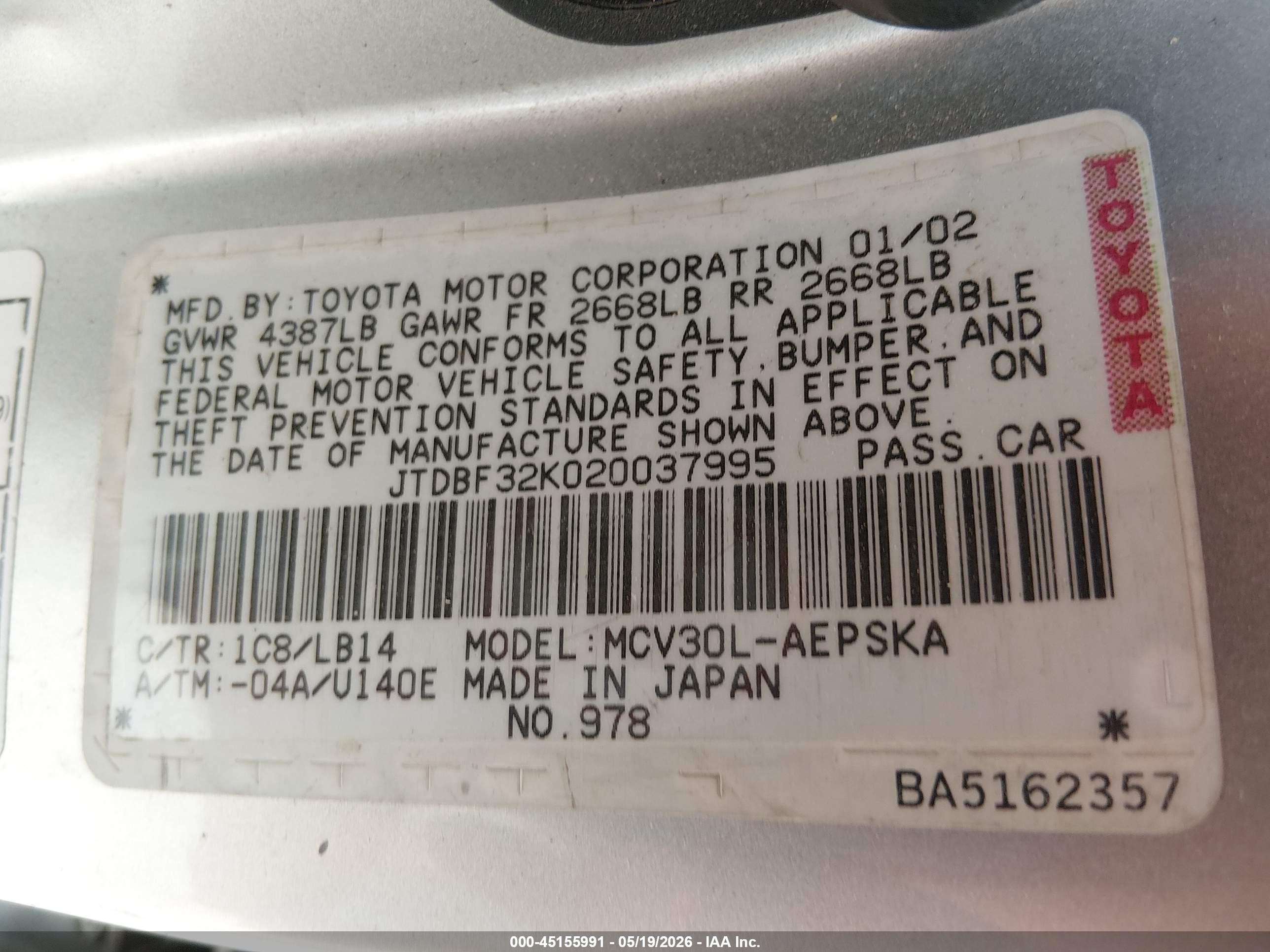 2002 Toyota Camry Se V6 Silver vin: JTDBF32K020037995