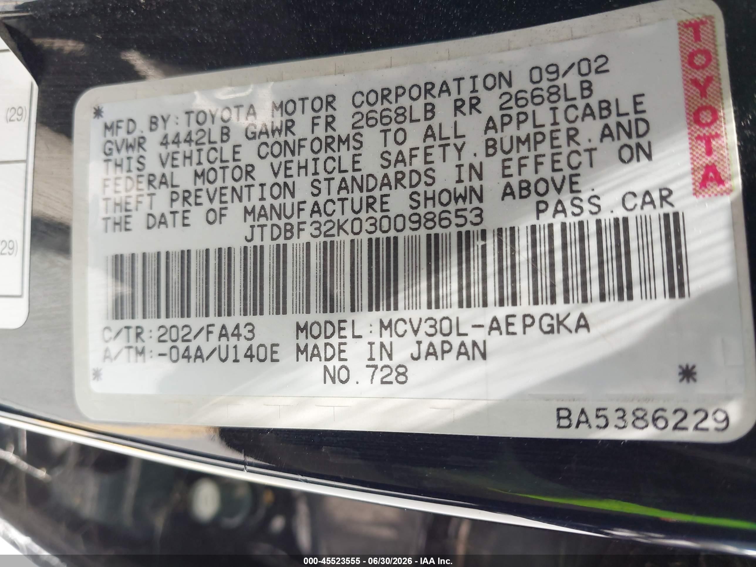 2003 Toyota Camry Xle V6 Black vin: JTDBF32K030098653