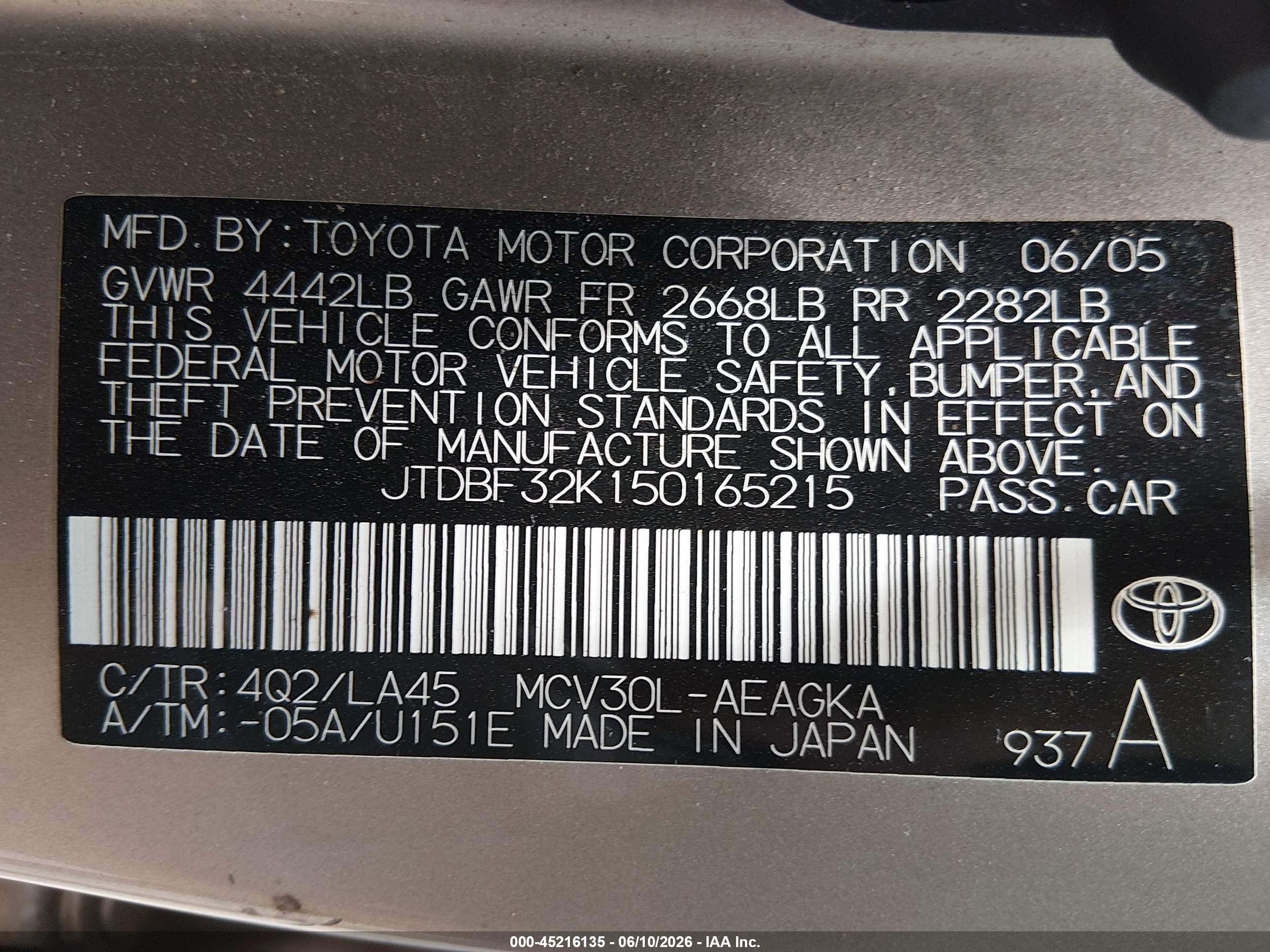 2005 Toyota Camry Xle V6 Champagne vin: JTDBF32K150165215