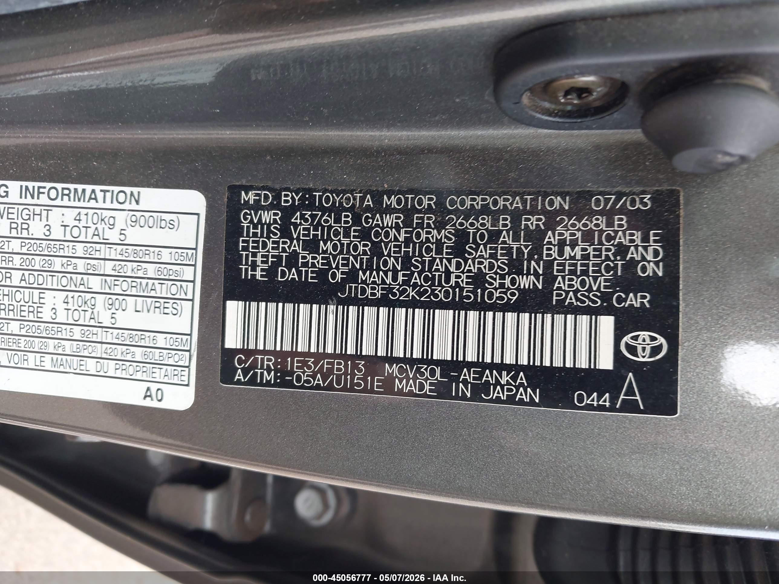 2003 Toyota Camry Le V6/se V6/xle V6 Gray vin: JTDBF32K230151059