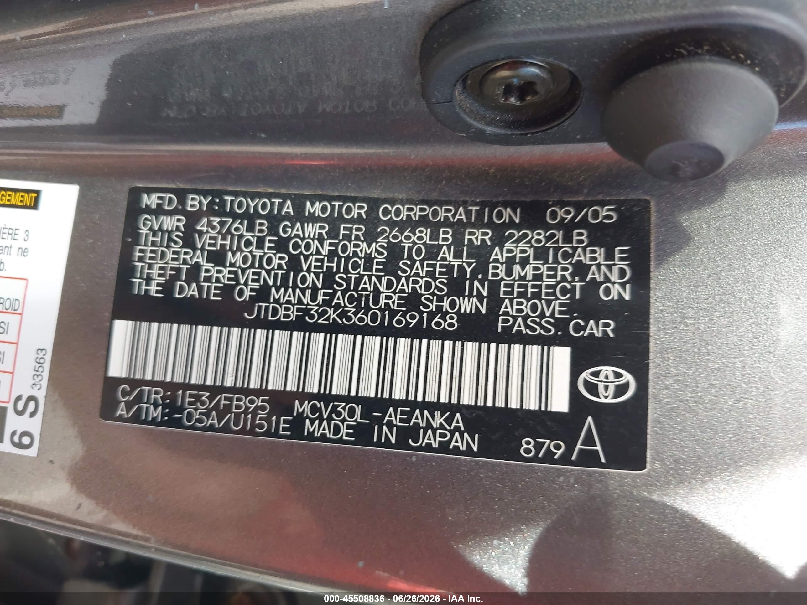 2006 Toyota Camry Le V6/xle V6 Gray vin: JTDBF32K360169168