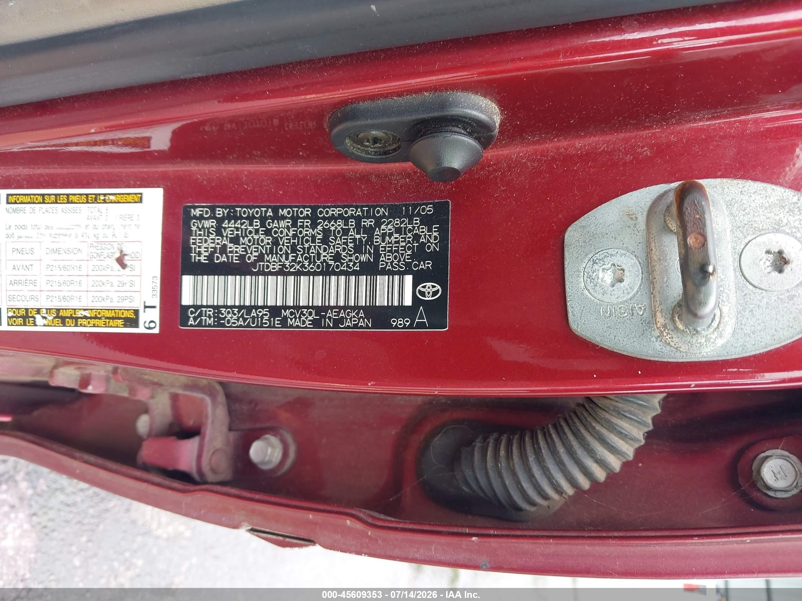 2006 Toyota Camry Xle V6 Red vin: JTDBF32K360170434