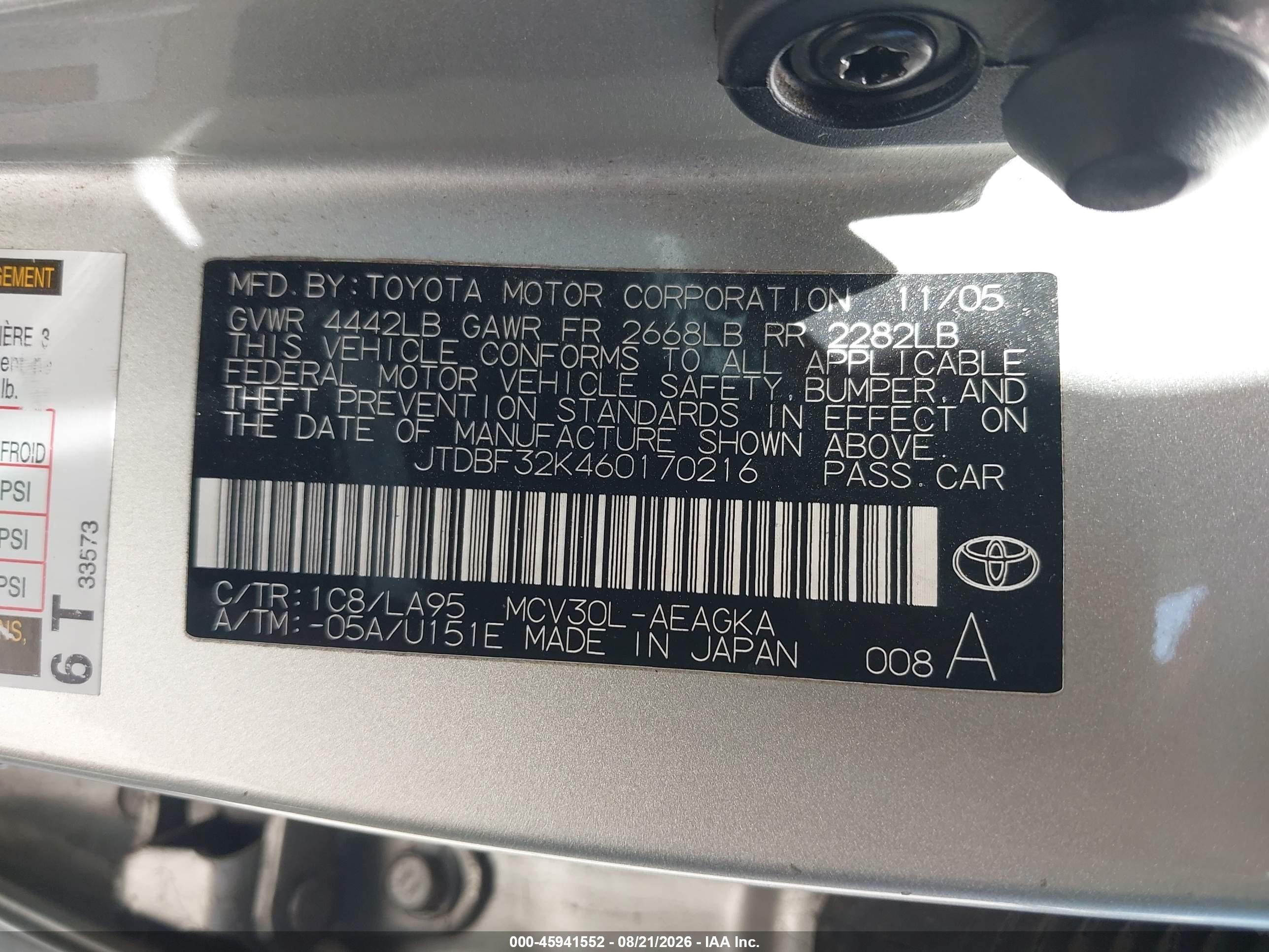 2006 Toyota Camry Xle V6 Silver vin: JTDBF32K460170216